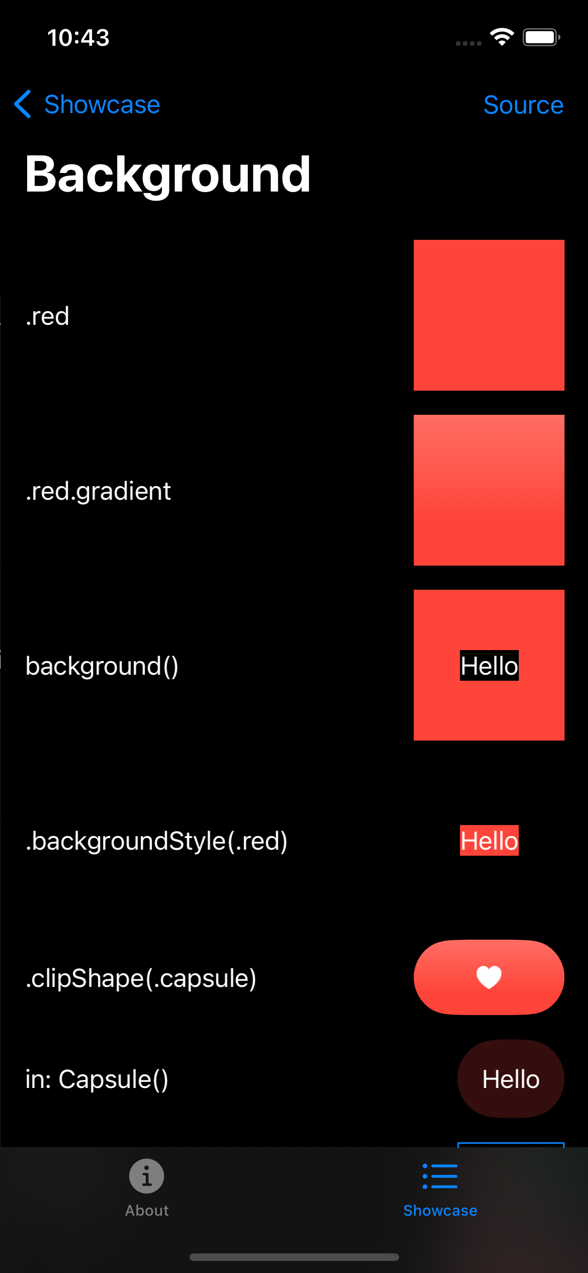 iPhone screenshot for Background component (dark mode)