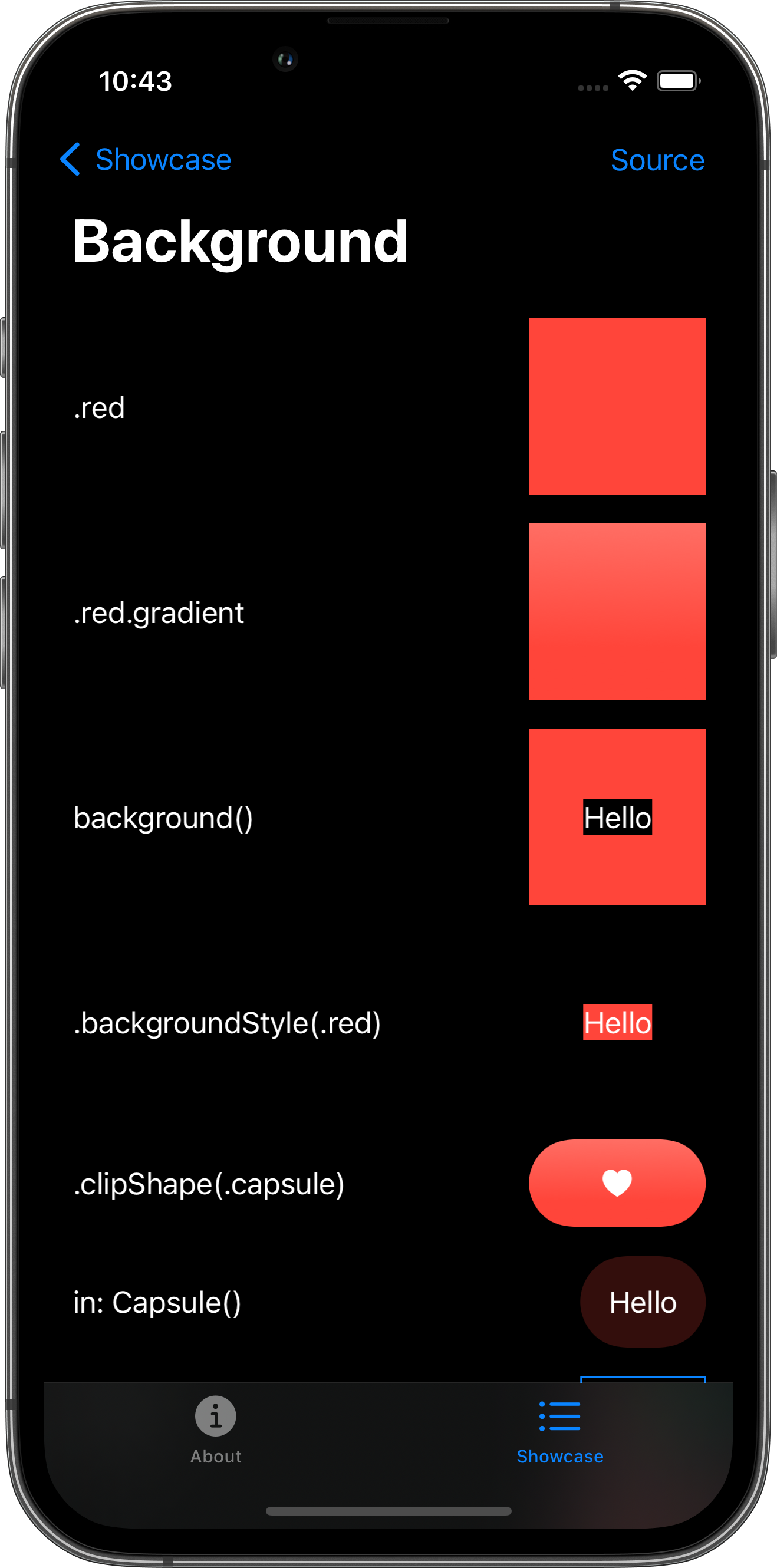 iPhone screenshot for Background component (dark mode)