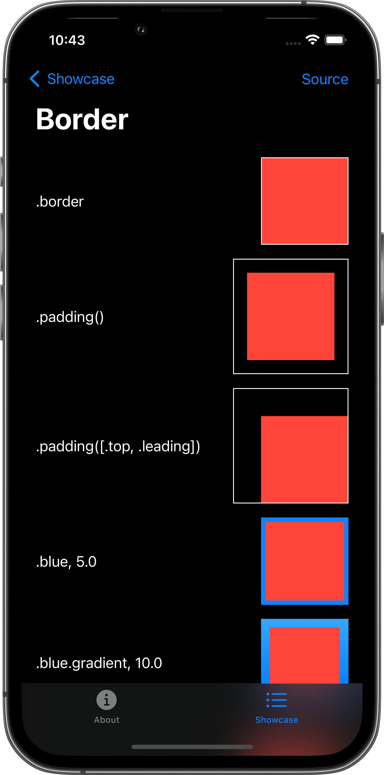 iPhone screenshot for Border component (dark mode)