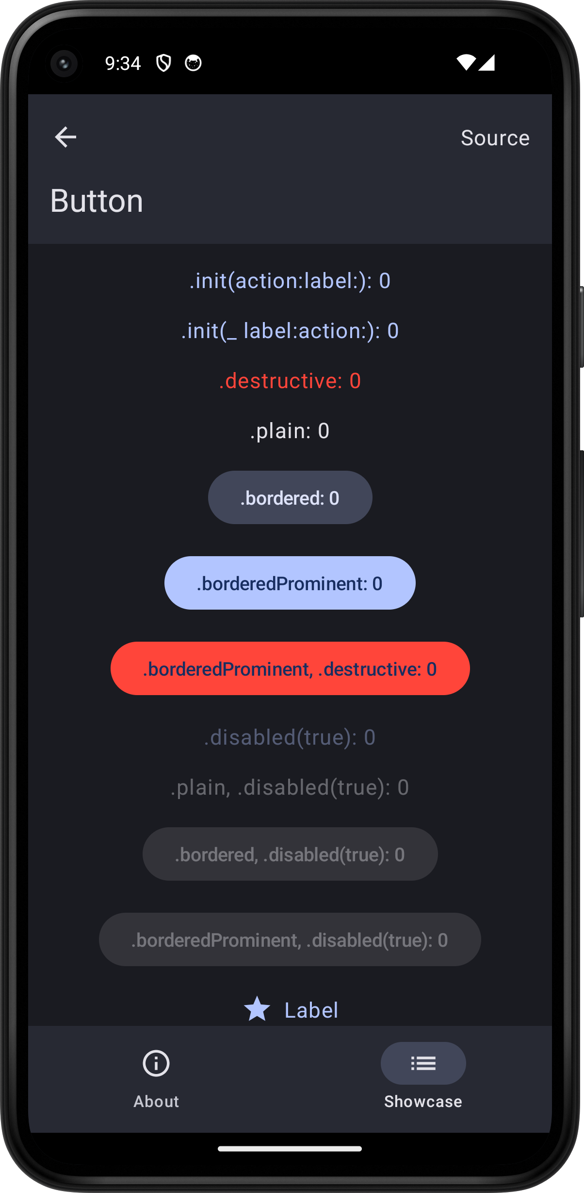 Android screenshot for Button component (dark mode)