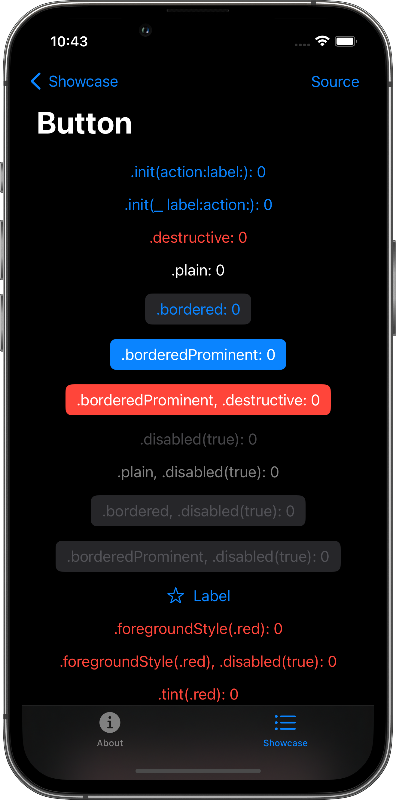 iPhone screenshot for Button component (dark mode)
