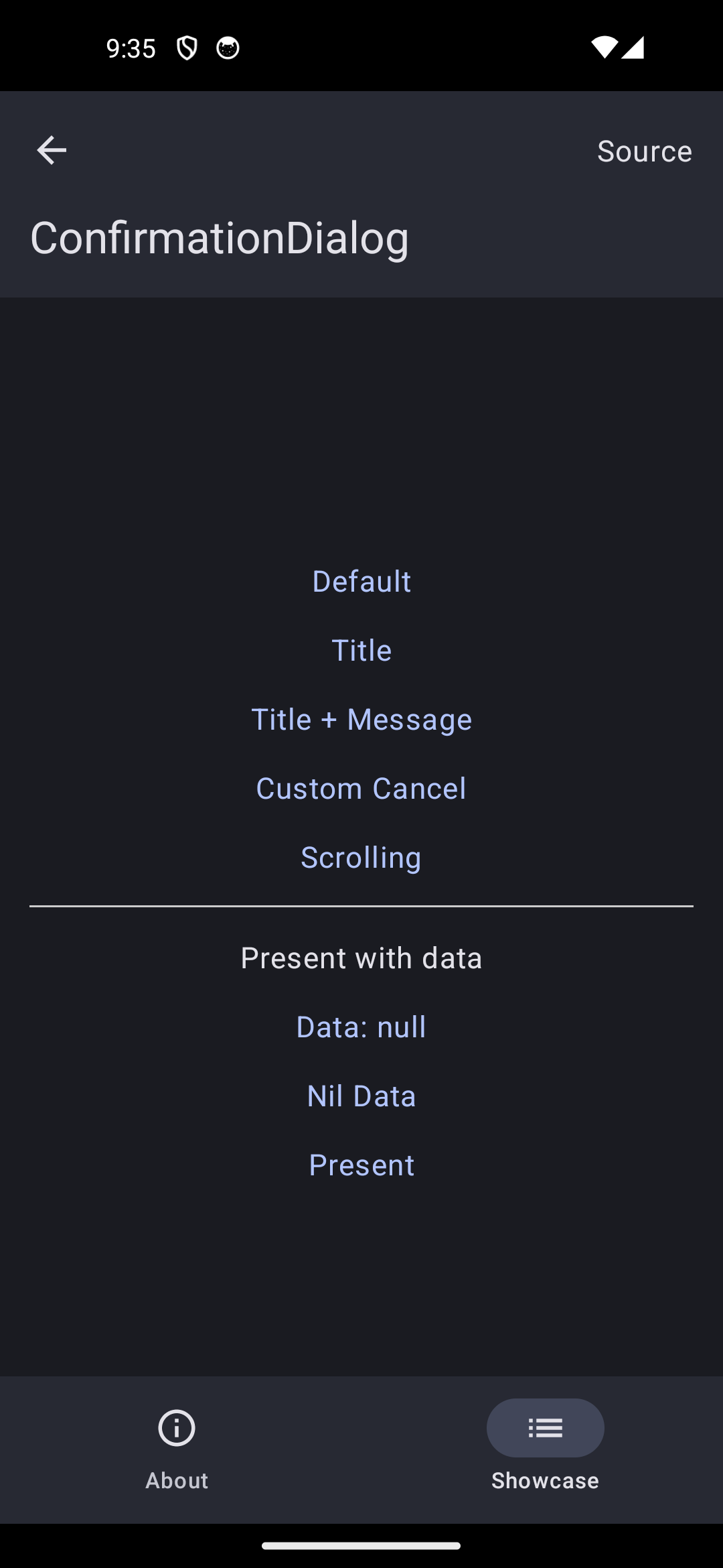 Android screenshot for ConfirmationDialog component (dark mode)