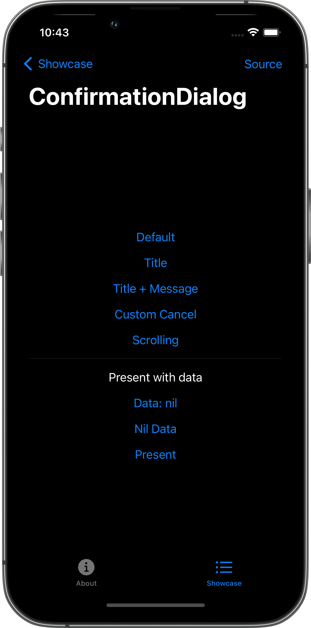 iPhone screenshot for ConfirmationDialog component (dark mode)