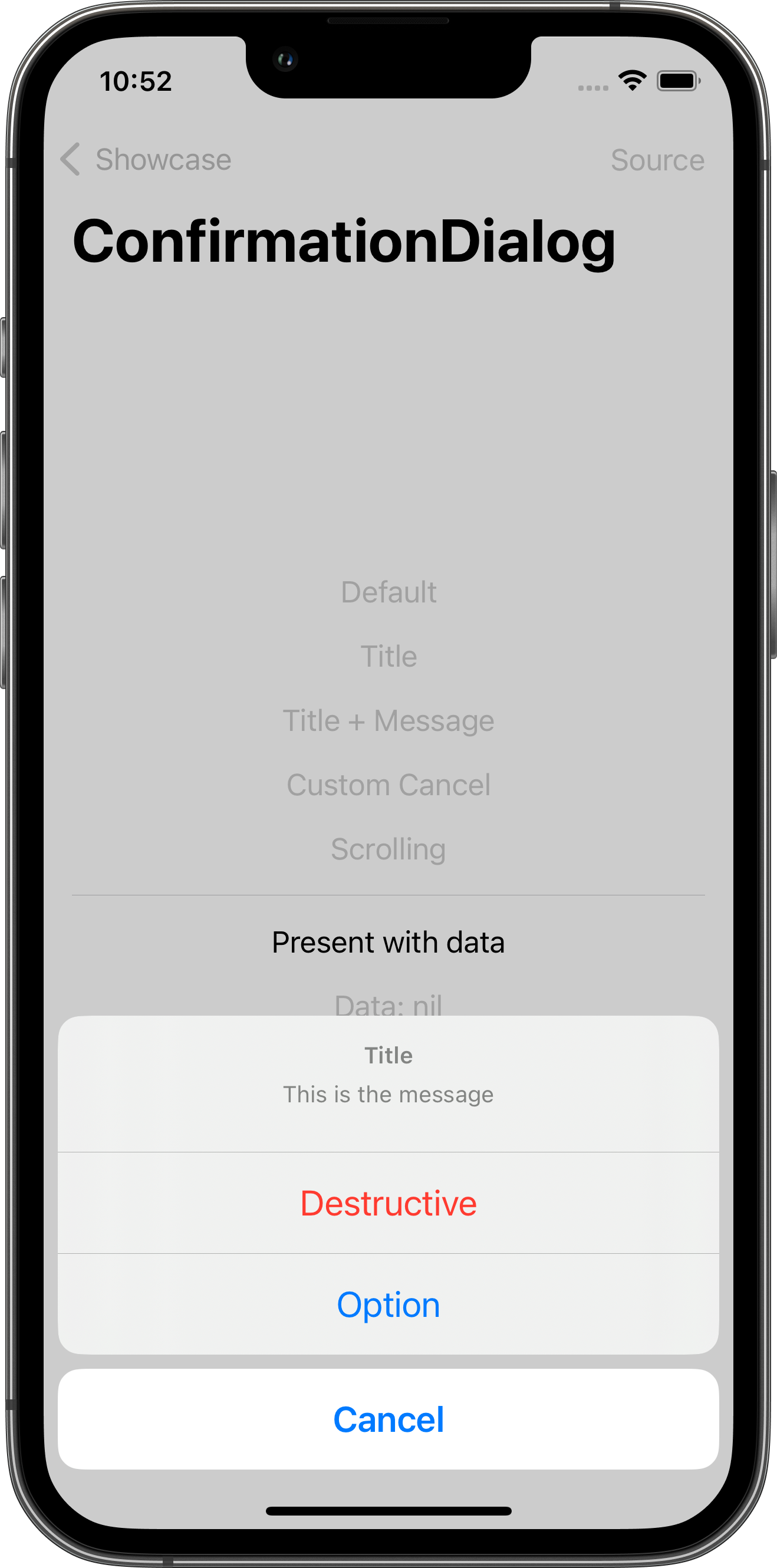 iPhone screenshot for ConfirmationDialog component (light mode)