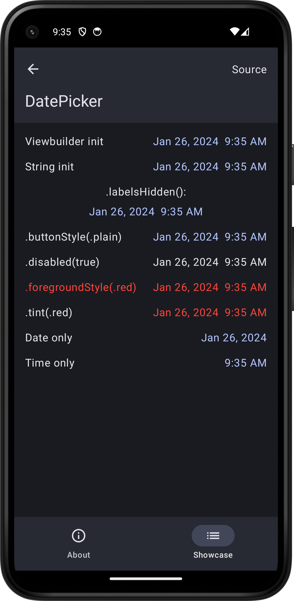 Android screenshot for DatePicker component (dark mode)