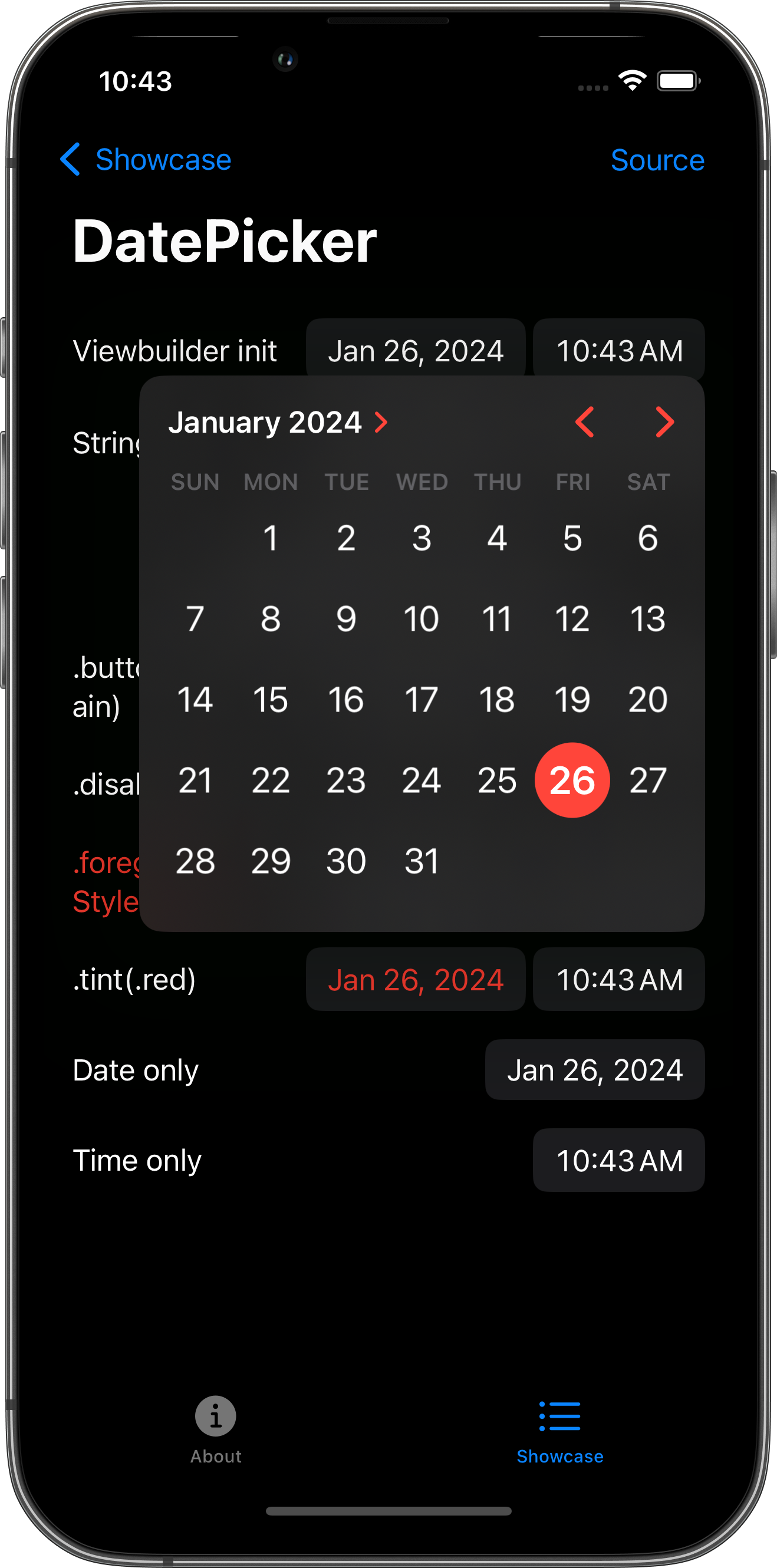 iPhone screenshot for DatePicker component (dark mode)