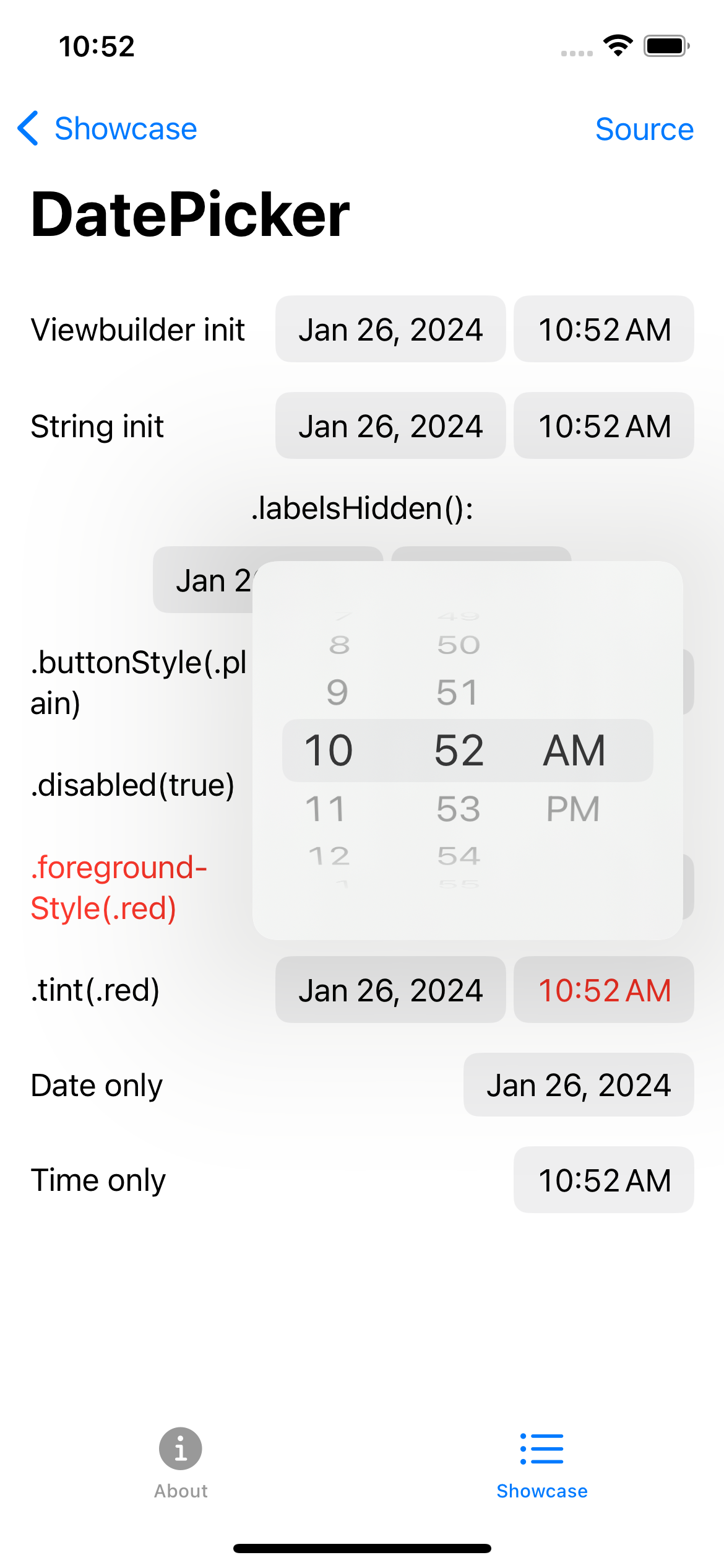 iPhone screenshot for DatePicker component (light mode)