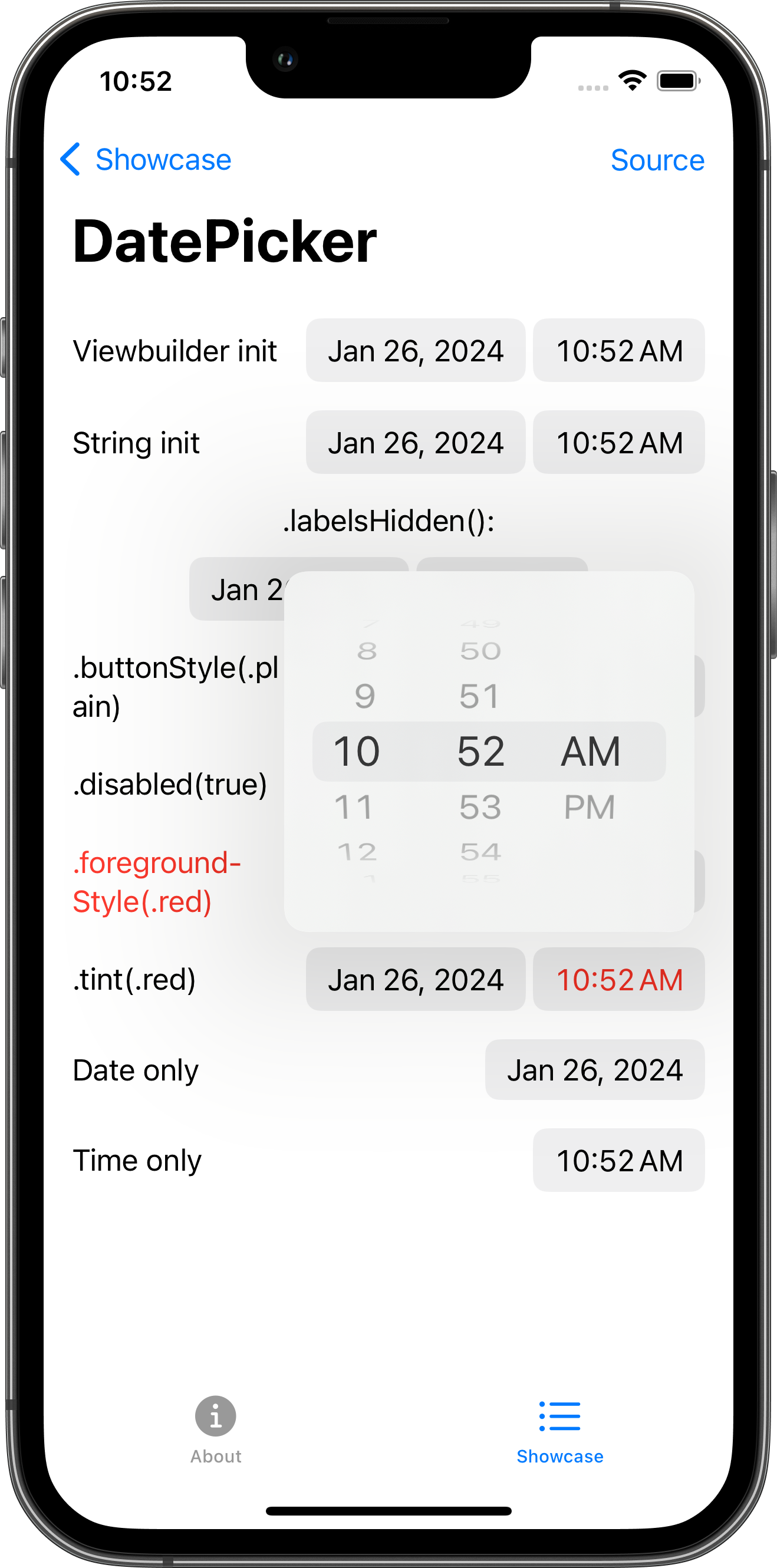 iPhone screenshot for DatePicker component (light mode)