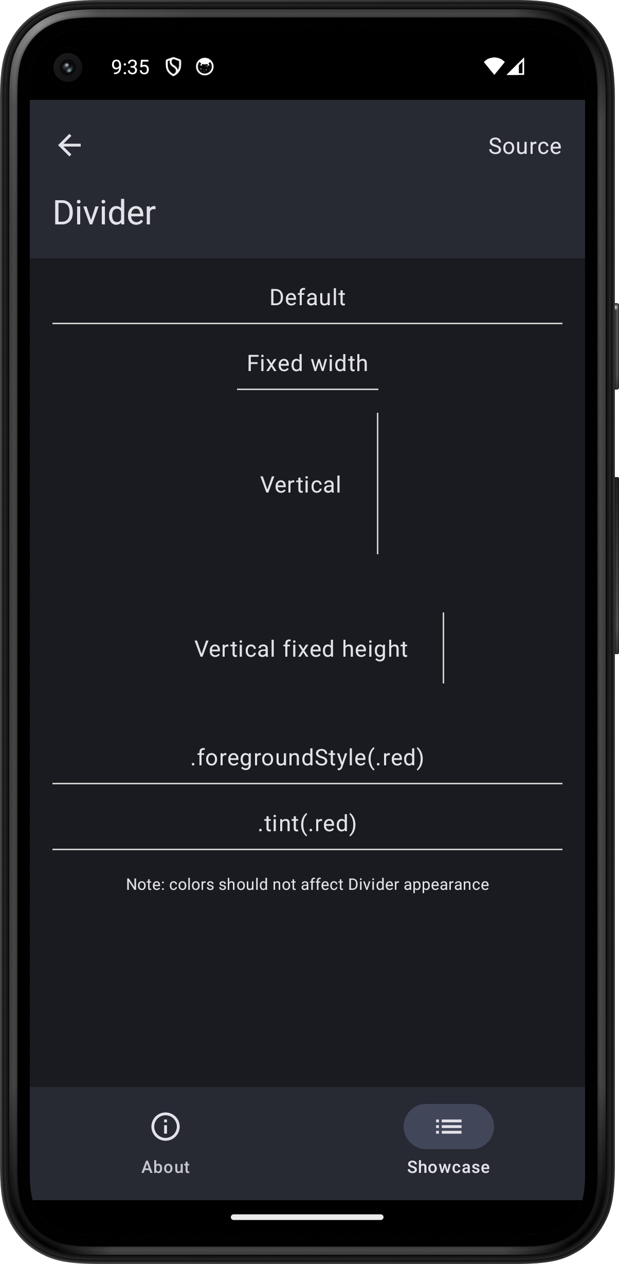 Android screenshot for Divider component (dark mode)