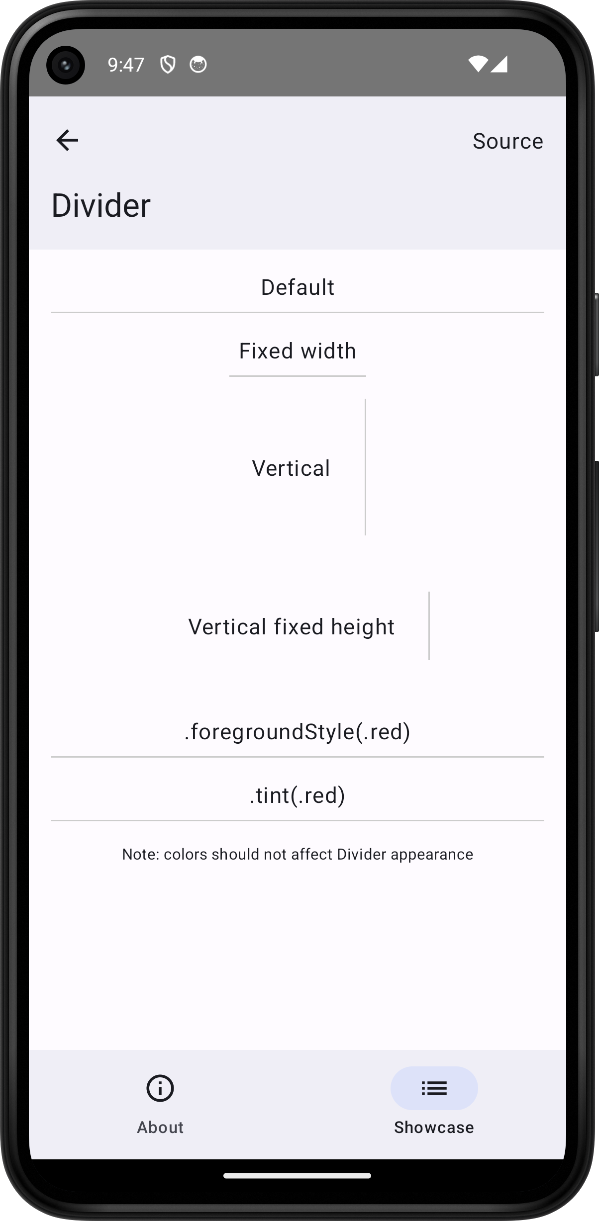 Android screenshot for Divider component (light mode)