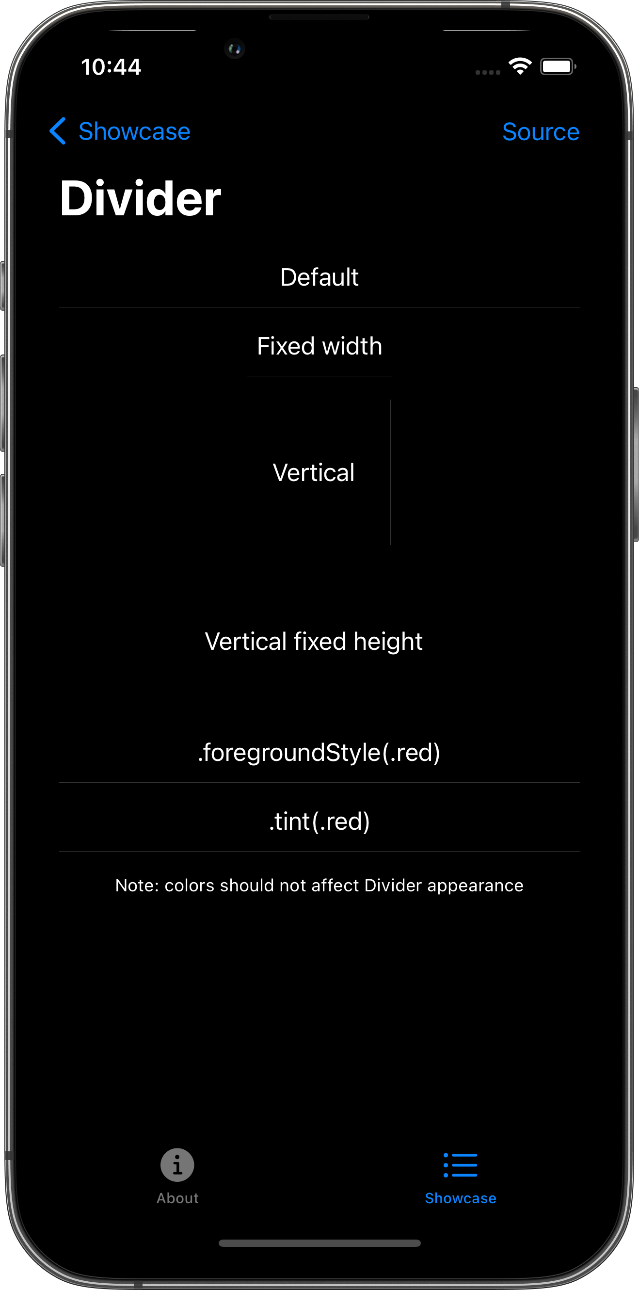 iPhone screenshot for Divider component (dark mode)