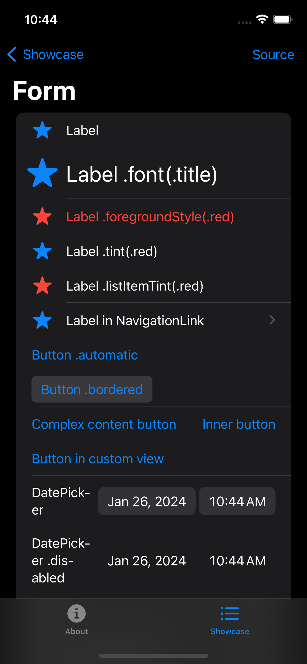 iPhone screenshot for Form component (dark mode)