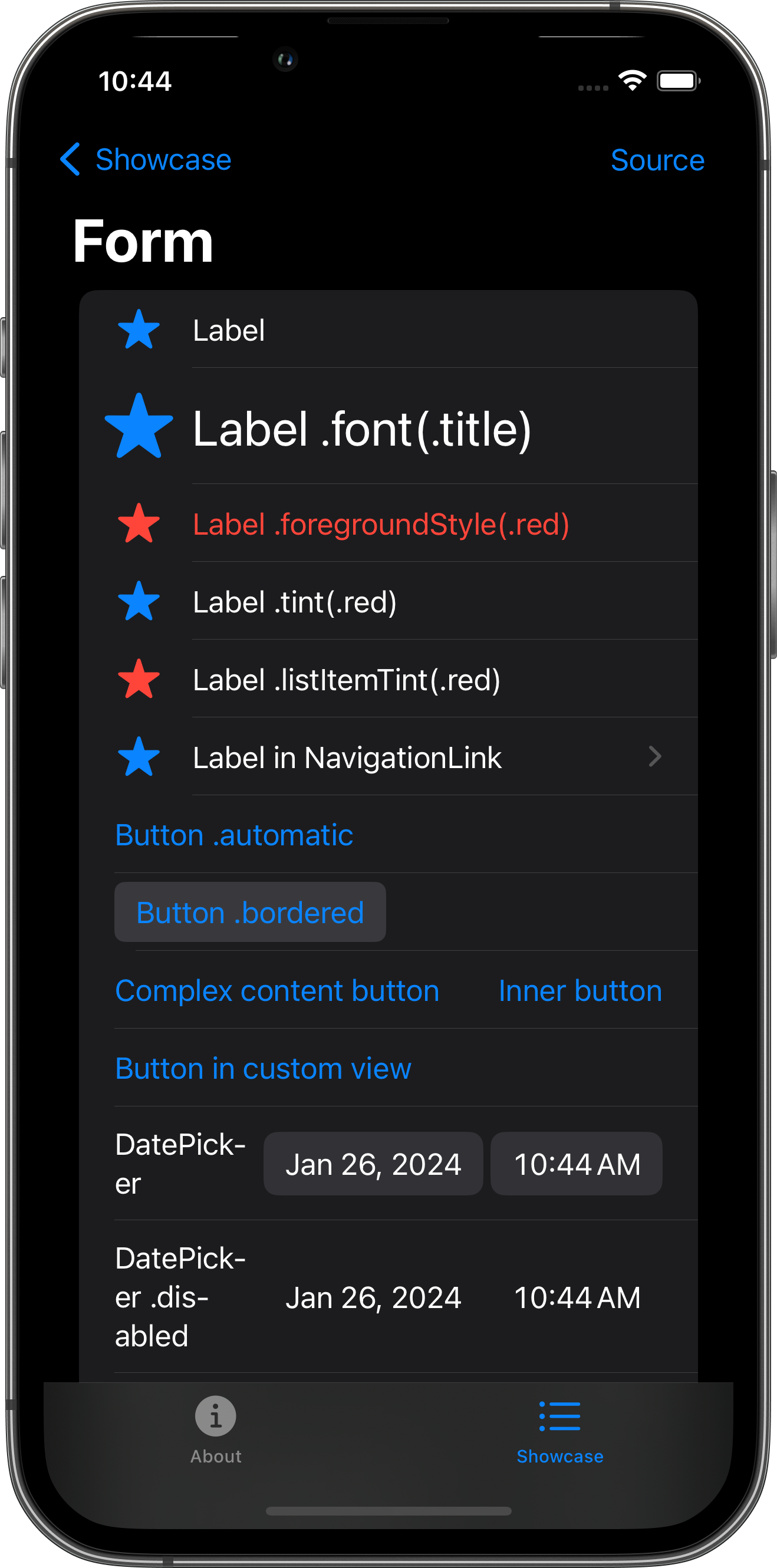 iPhone screenshot for Form component (dark mode)