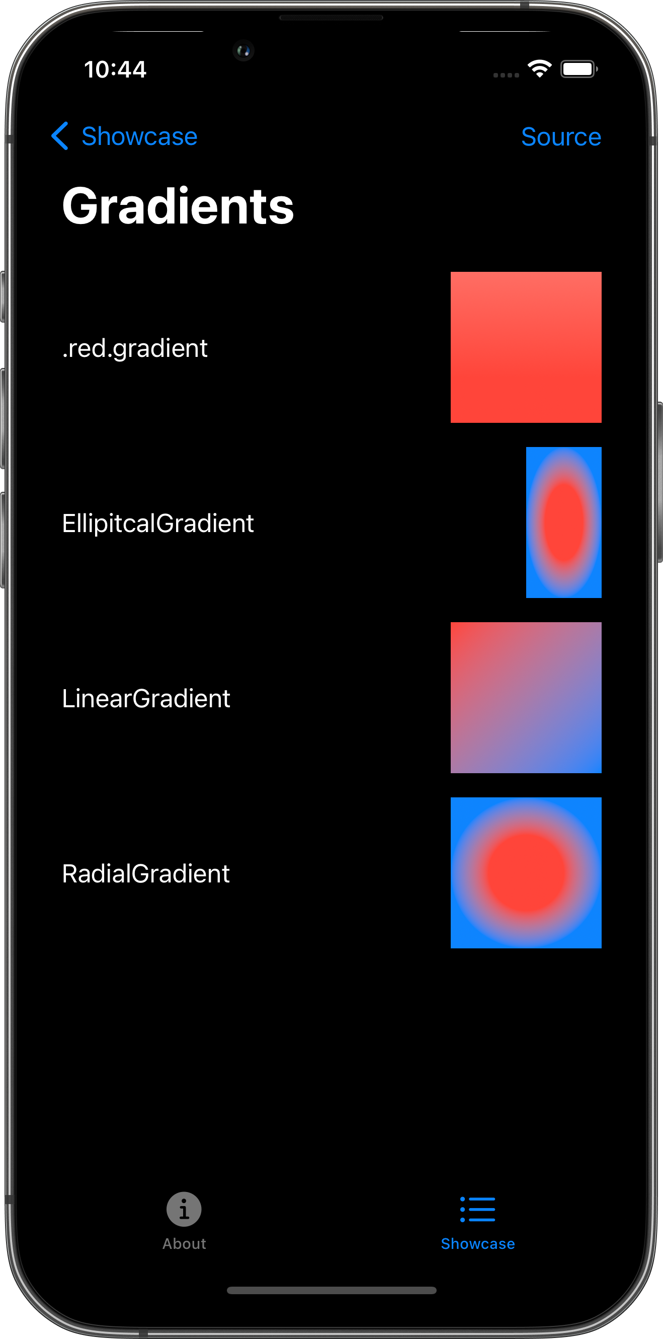 iPhone screenshot for Gradient component (dark mode)