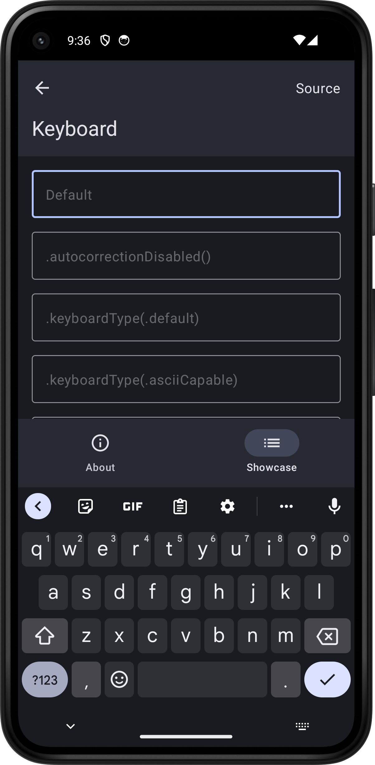 Android screenshot for Keyboard component (dark mode)