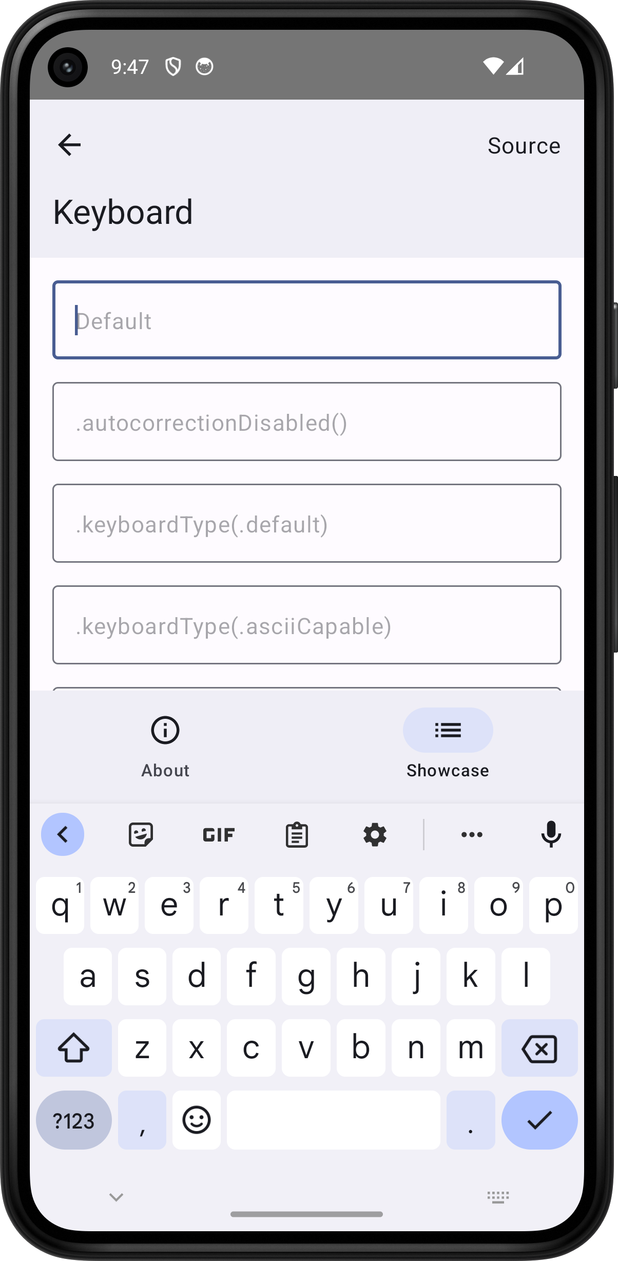 Android screenshot for Keyboard component (light mode)