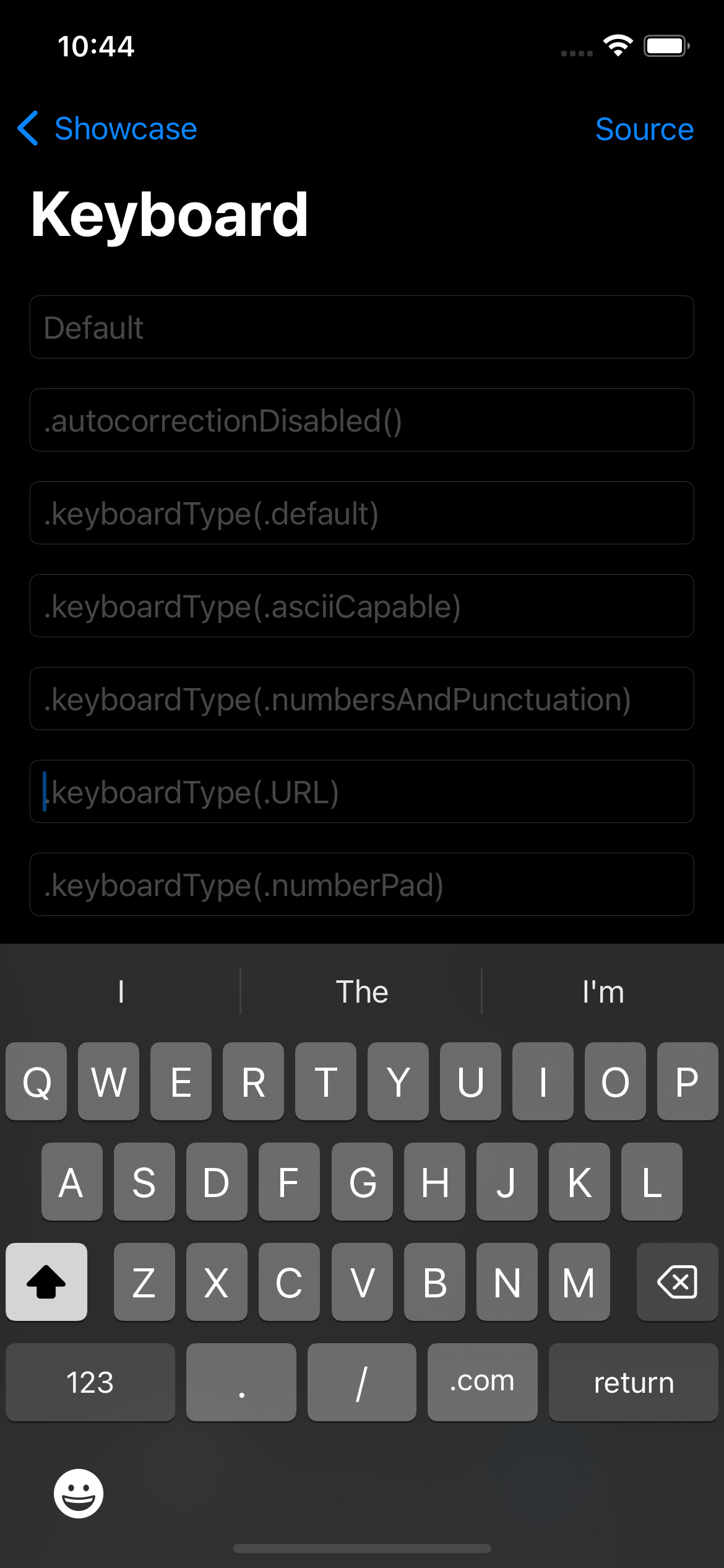 iPhone screenshot for Keyboard component (dark mode)