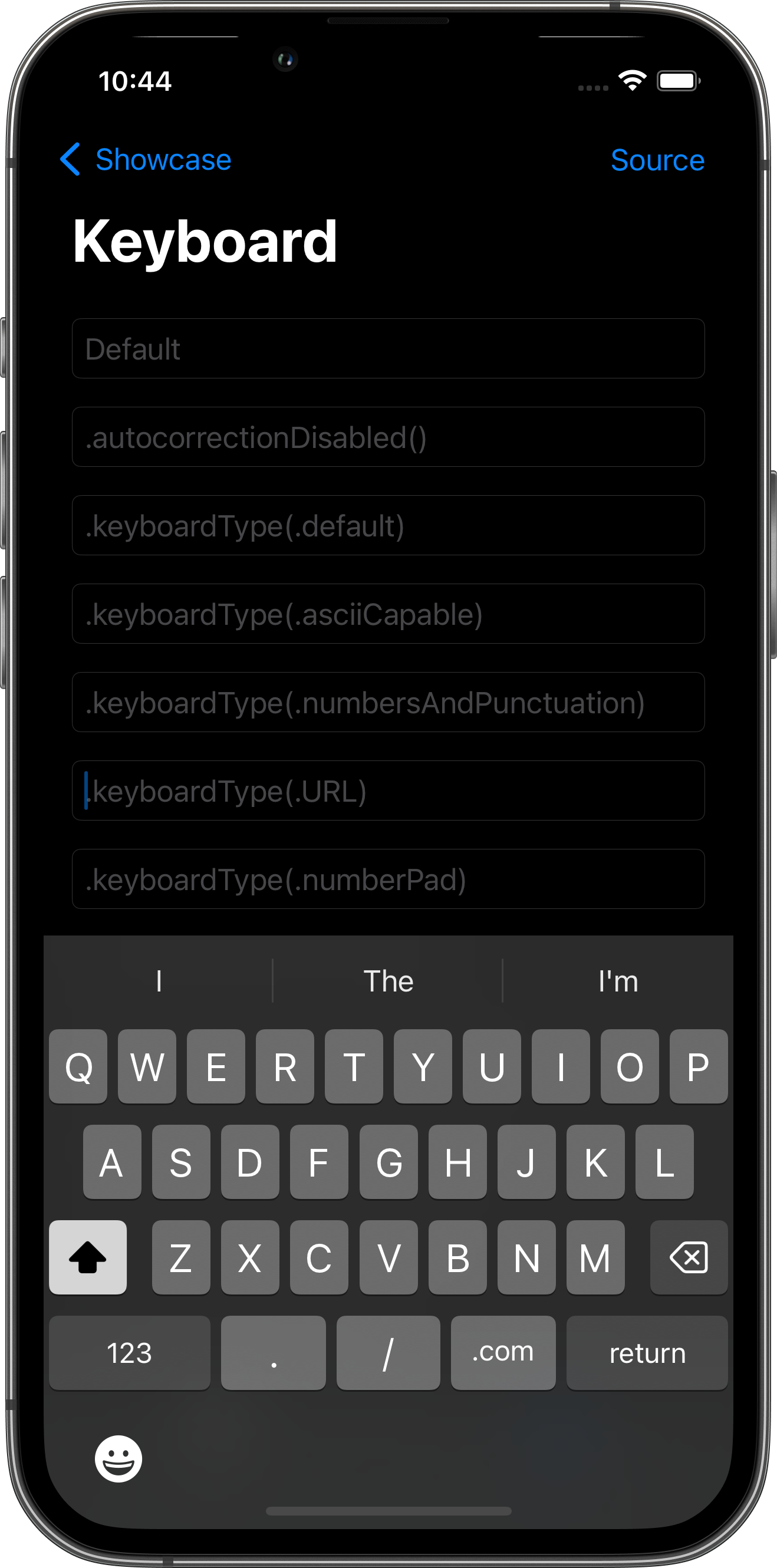 iPhone screenshot for Keyboard component (dark mode)
