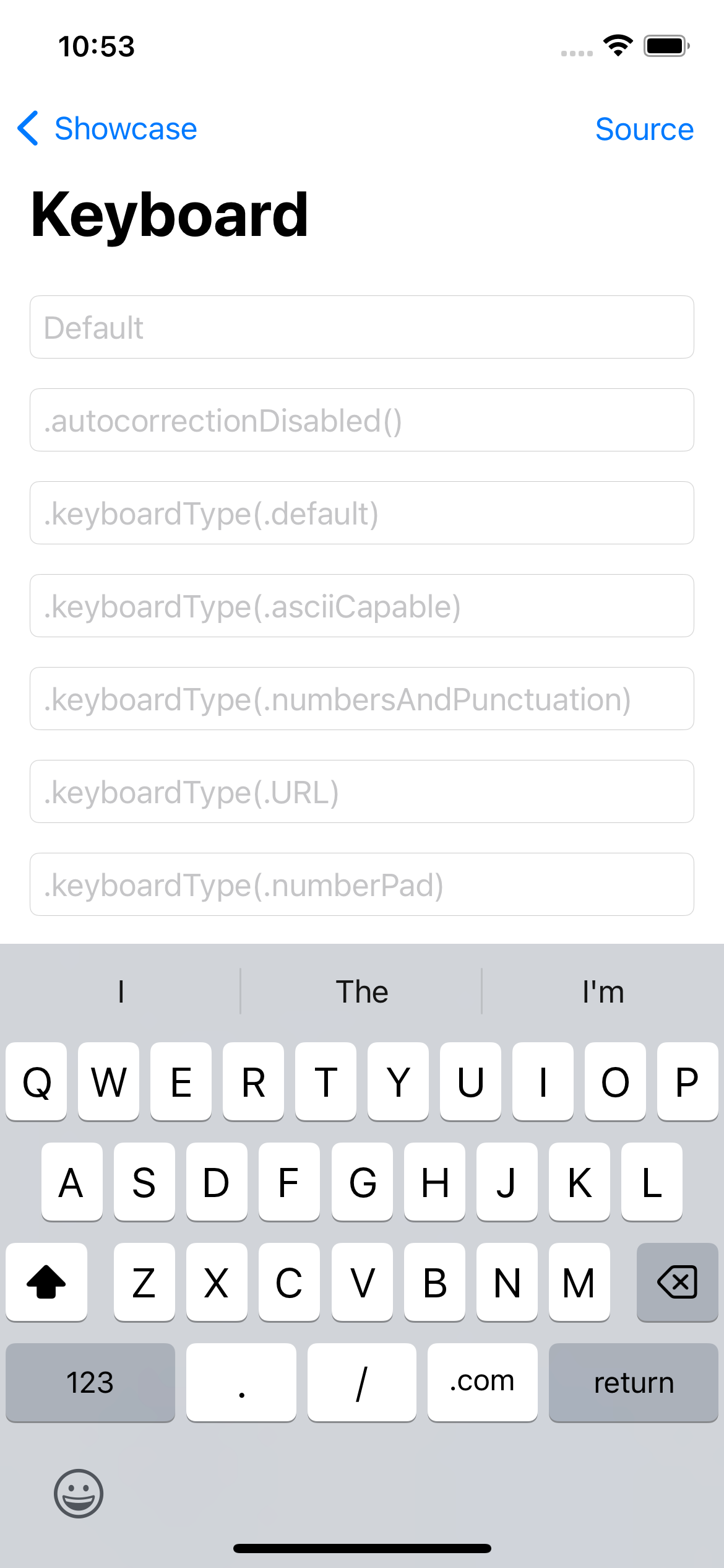 iPhone screenshot for Keyboard component (light mode)
