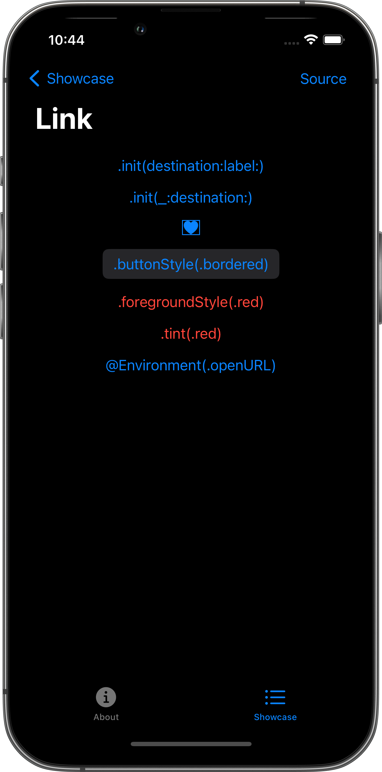 iPhone screenshot for Link component (dark mode)