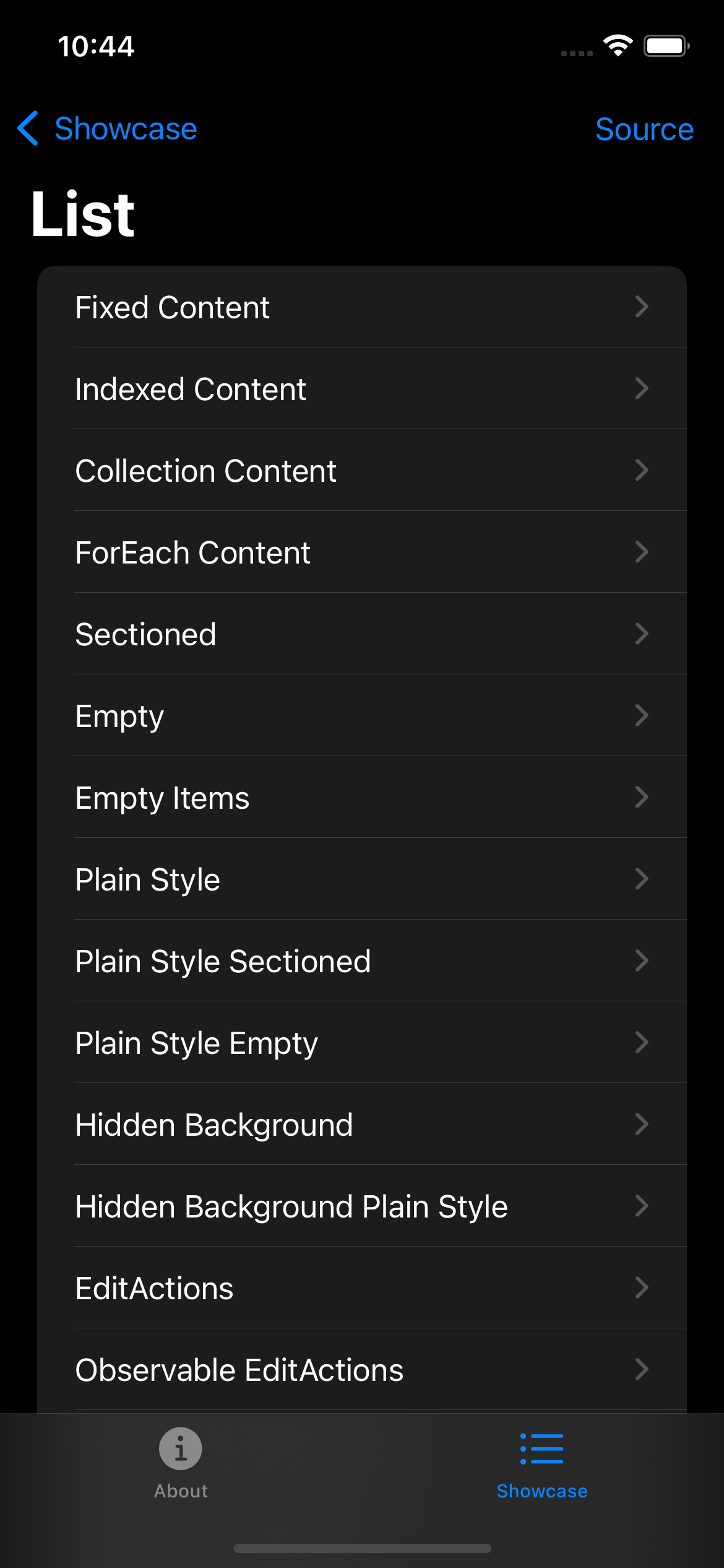 iPhone screenshot for List component (dark mode)