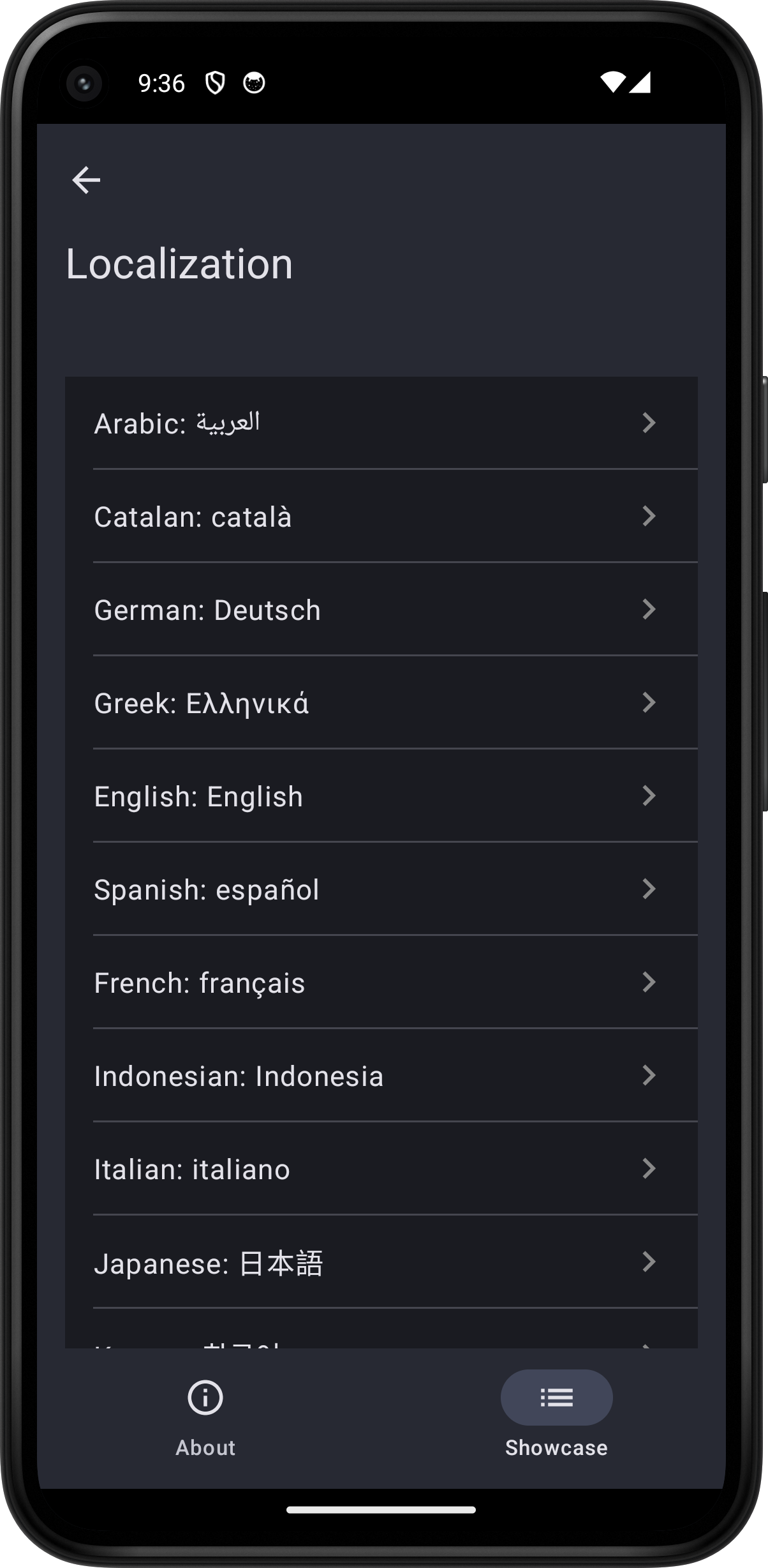 Android screenshot for Localization component (dark mode)
