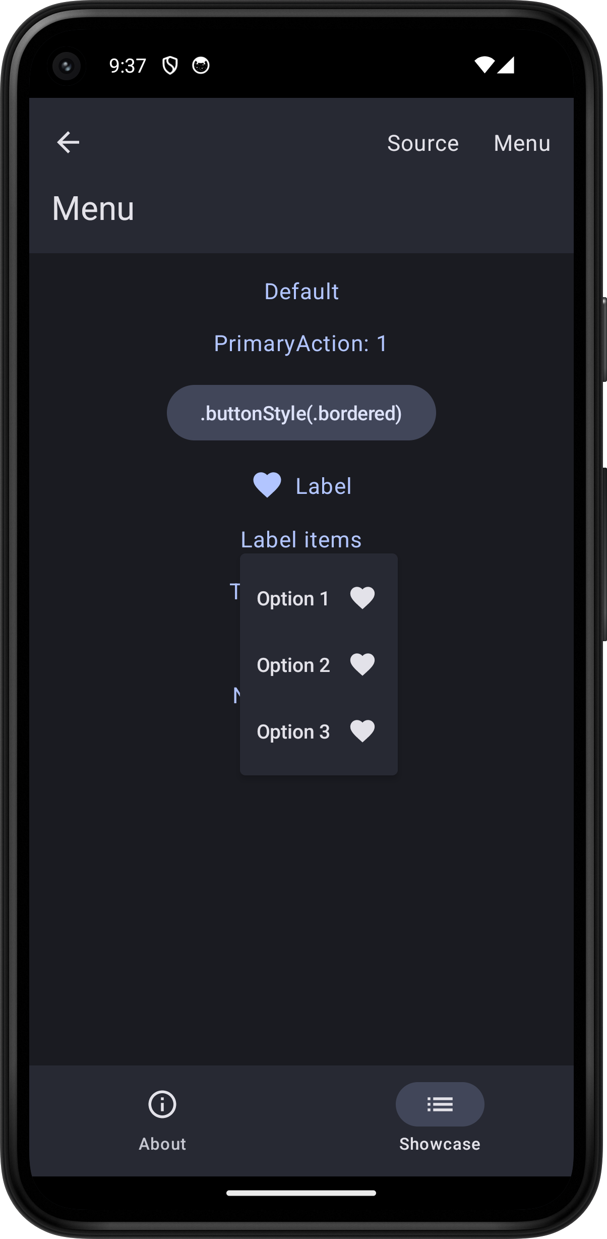 Android screenshot for Menu component (dark mode)