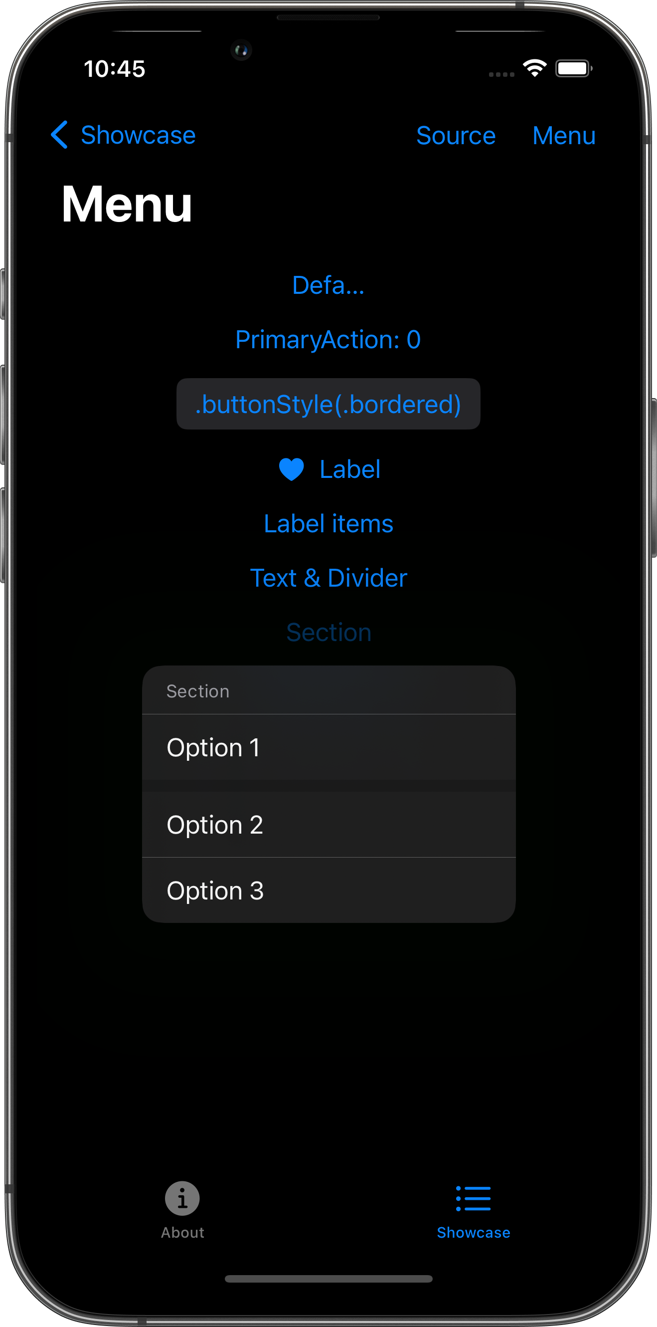 iPhone screenshot for Menu component (dark mode)