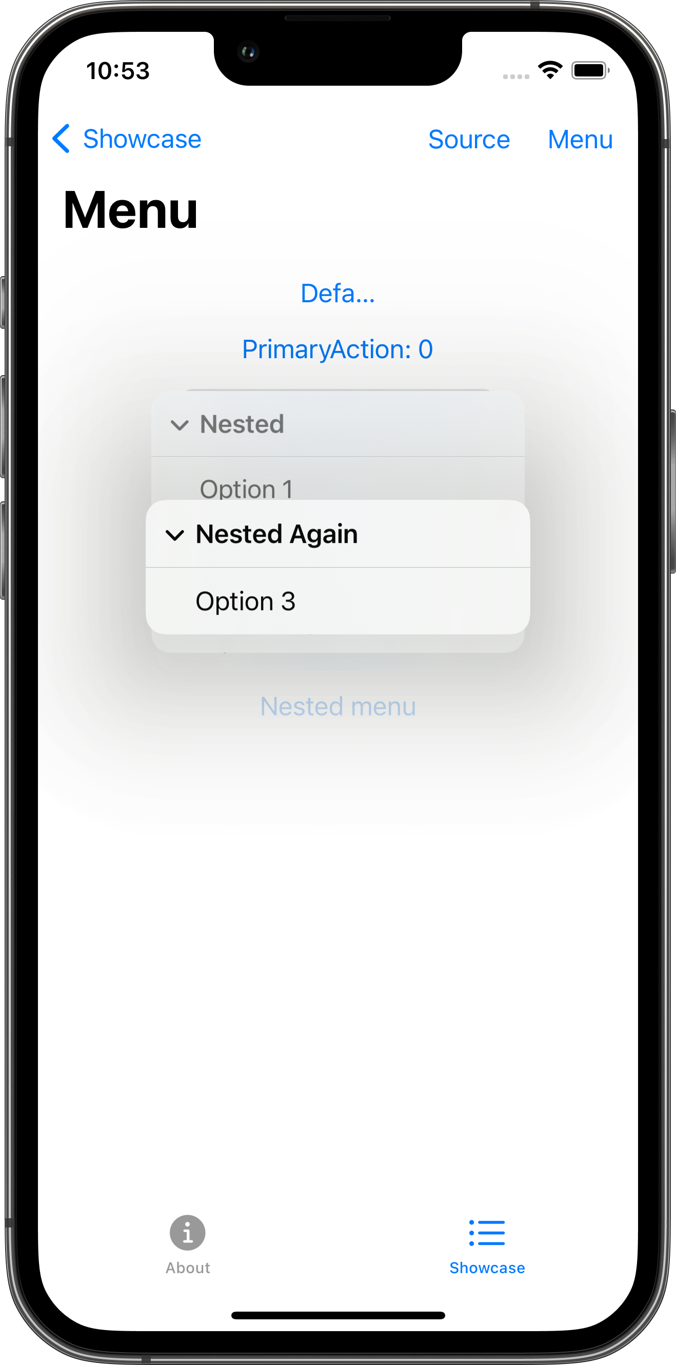 iPhone screenshot for Menu component (light mode)