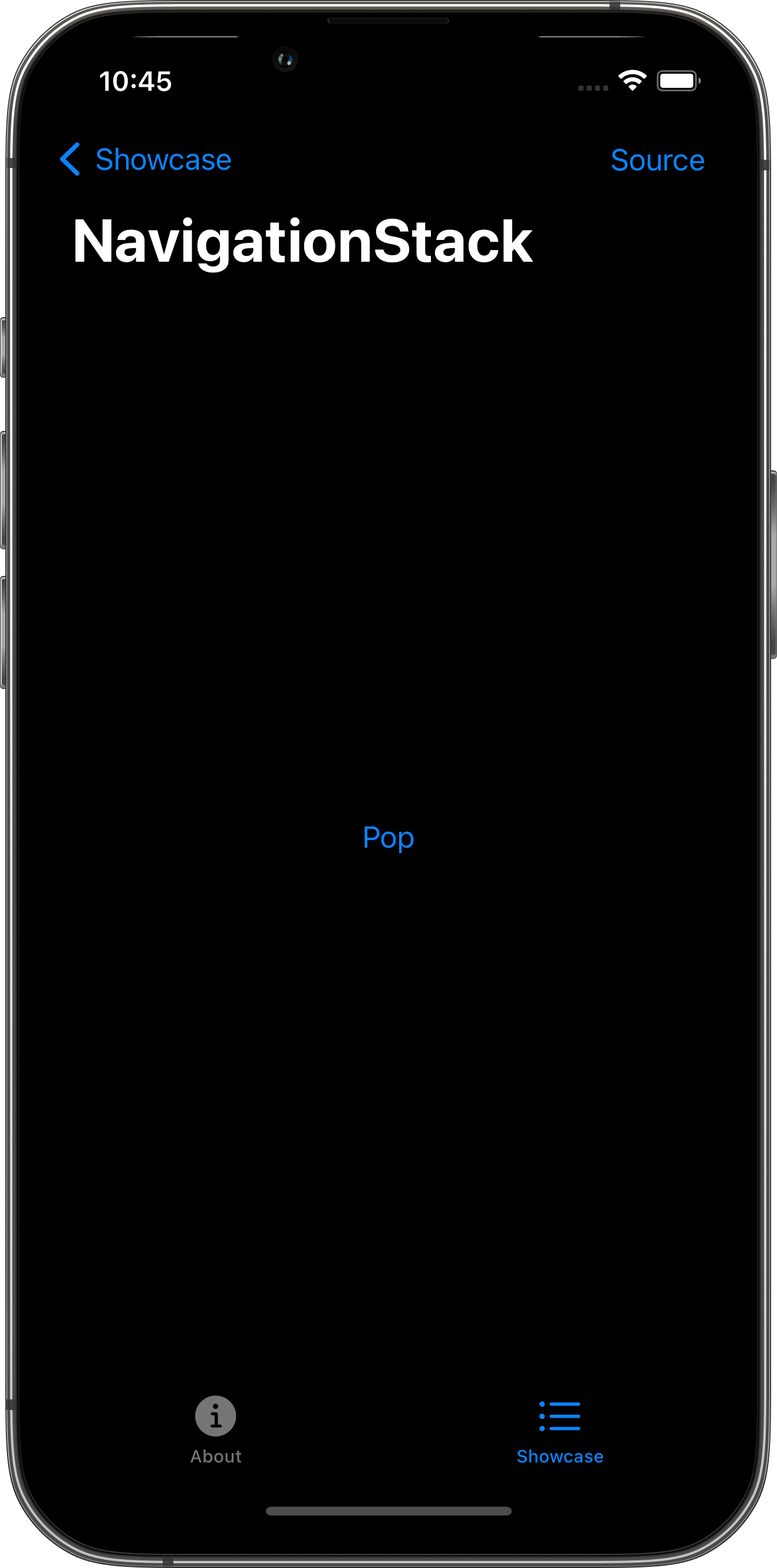 iPhone screenshot for NavigationStack component (dark mode)