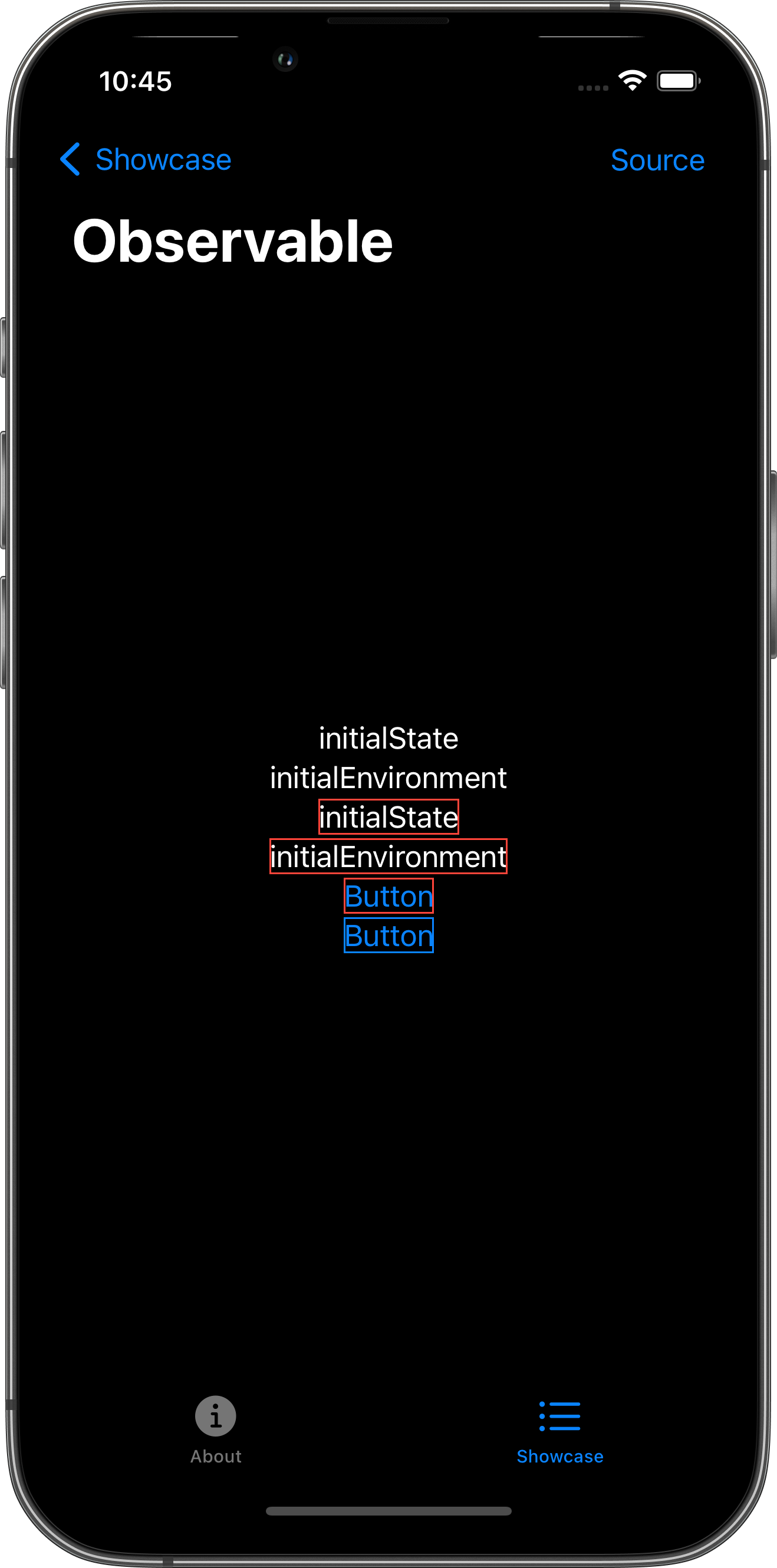 iPhone screenshot for Observable component (dark mode)