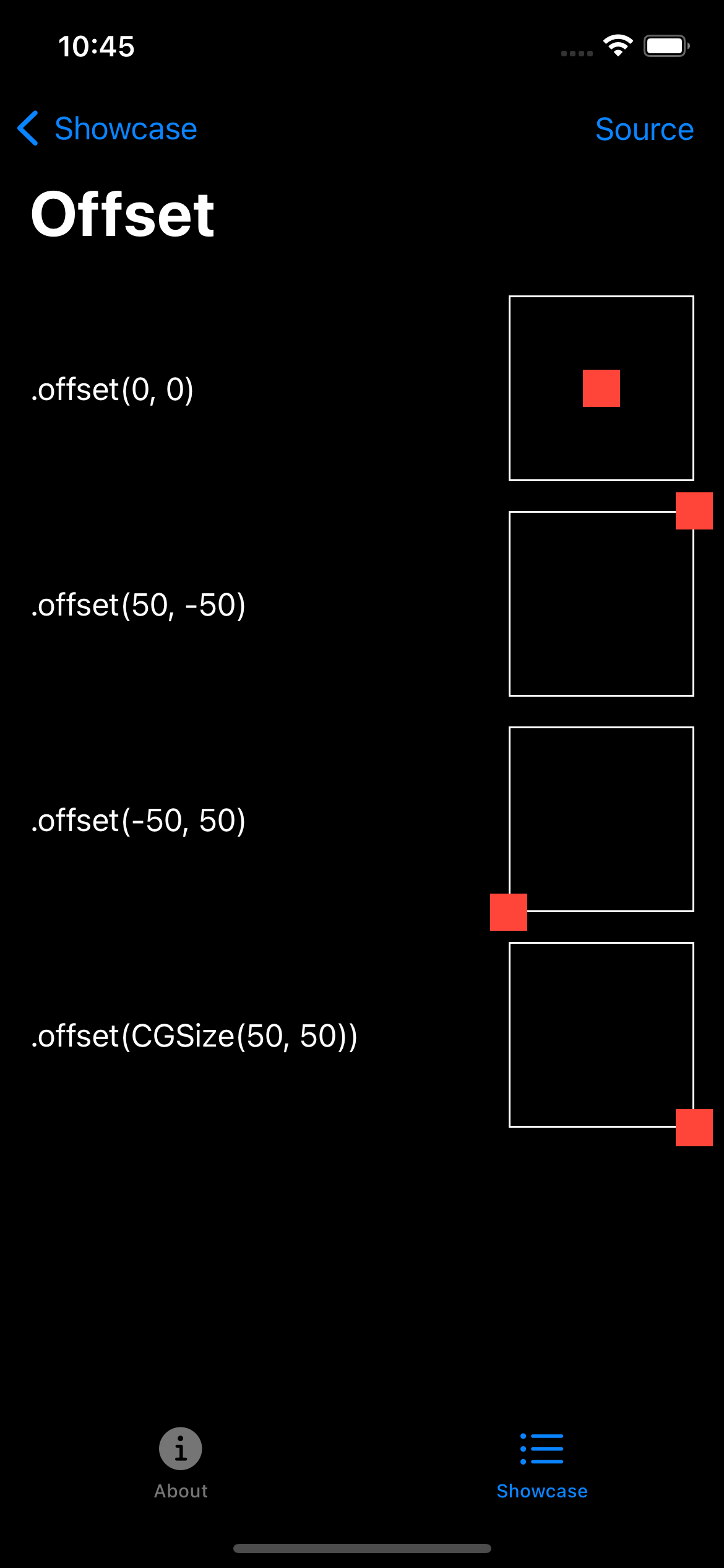 iPhone screenshot for Offset component (dark mode)