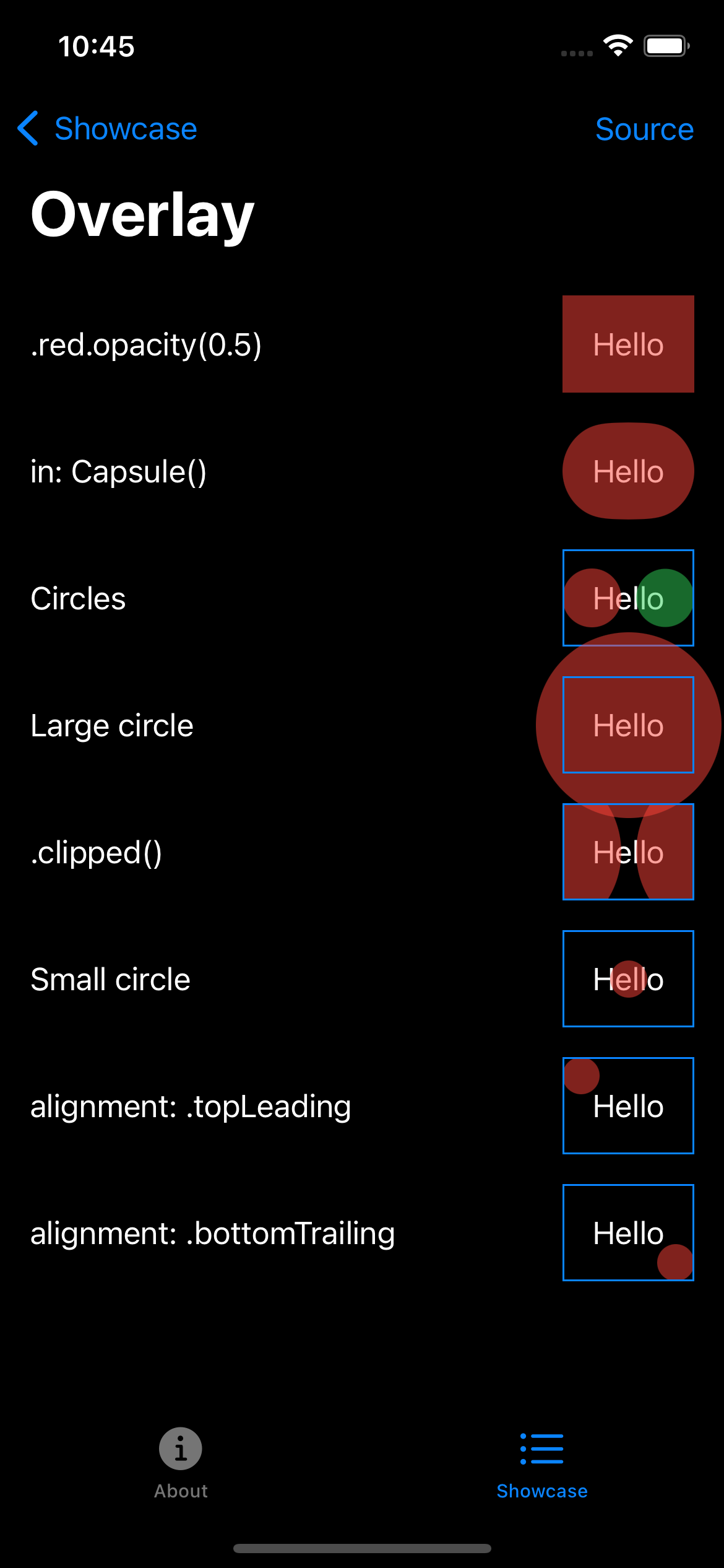 iPhone screenshot for Overlay component (dark mode)