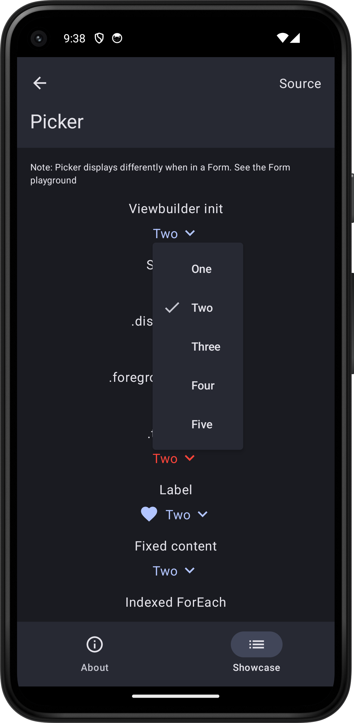Android screenshot for Picker component (dark mode)