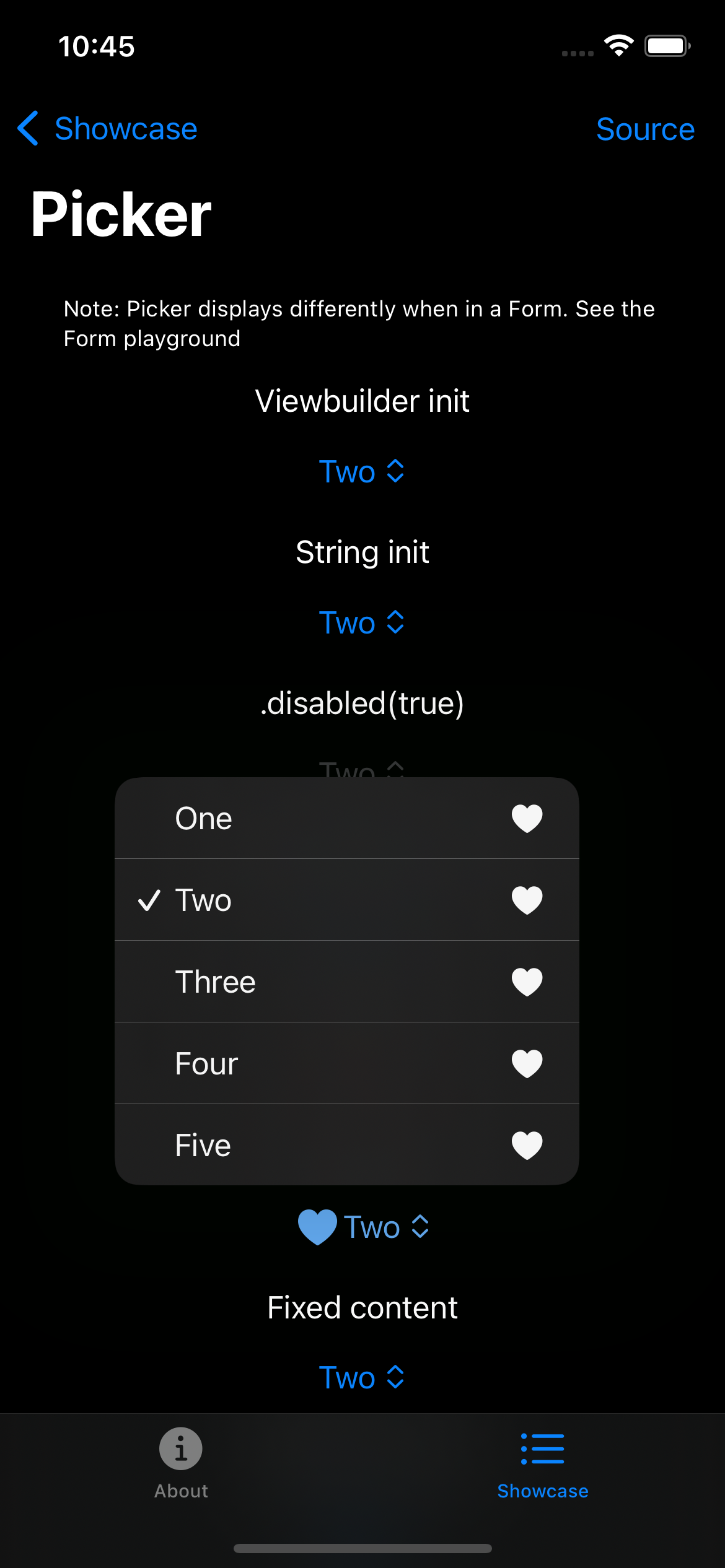 iPhone screenshot for Picker component (dark mode)
