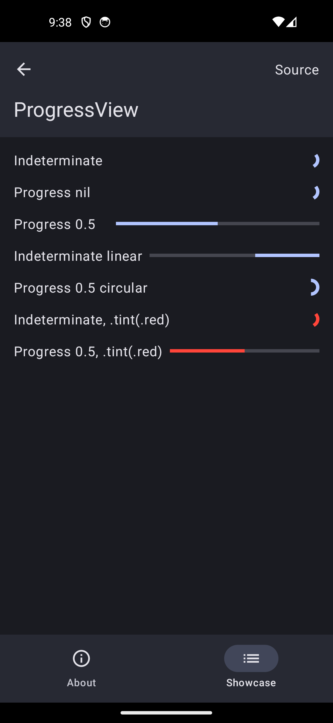 Android screenshot for ProgressView component (dark mode)