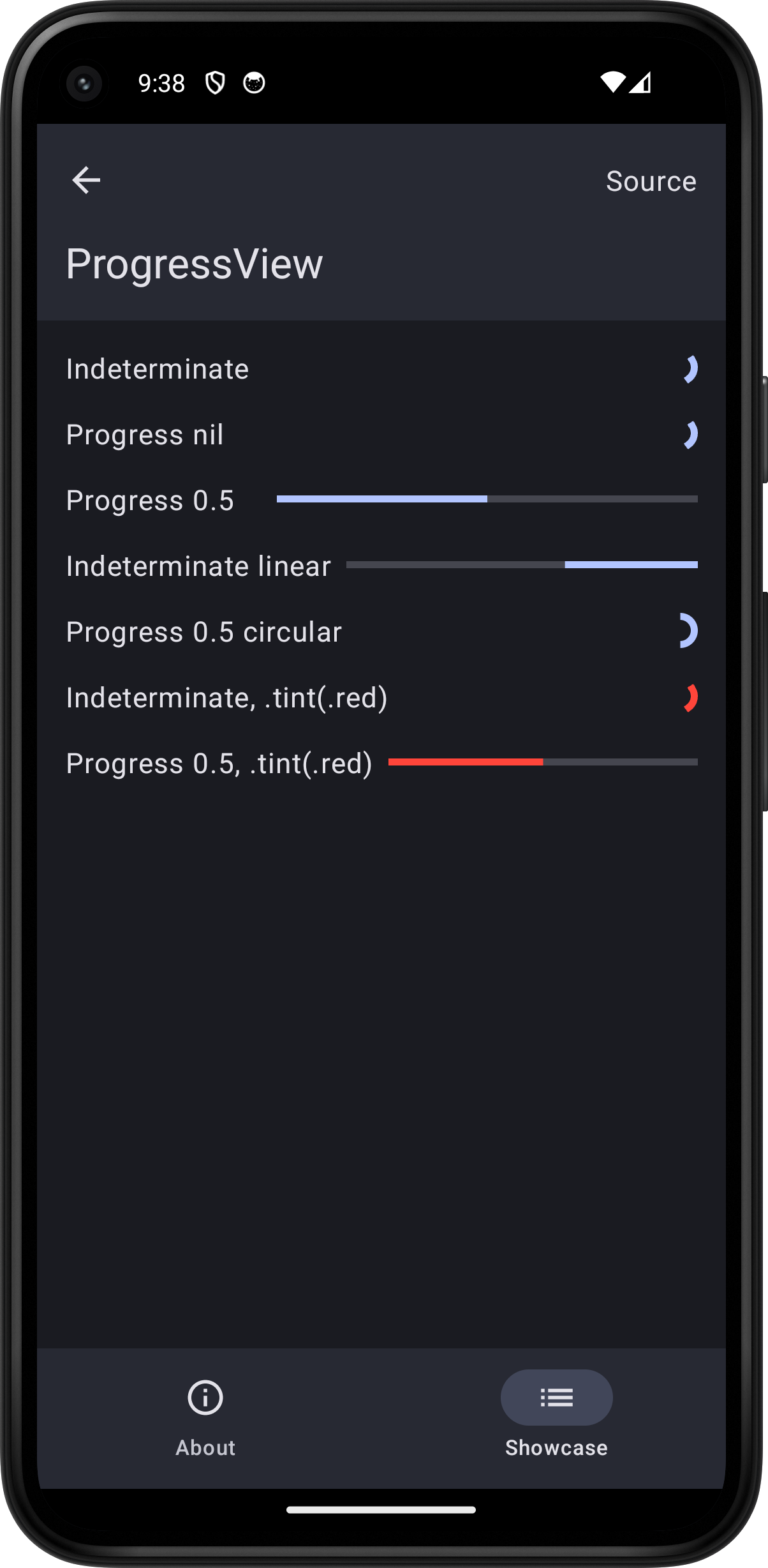 Android screenshot for ProgressView component (dark mode)