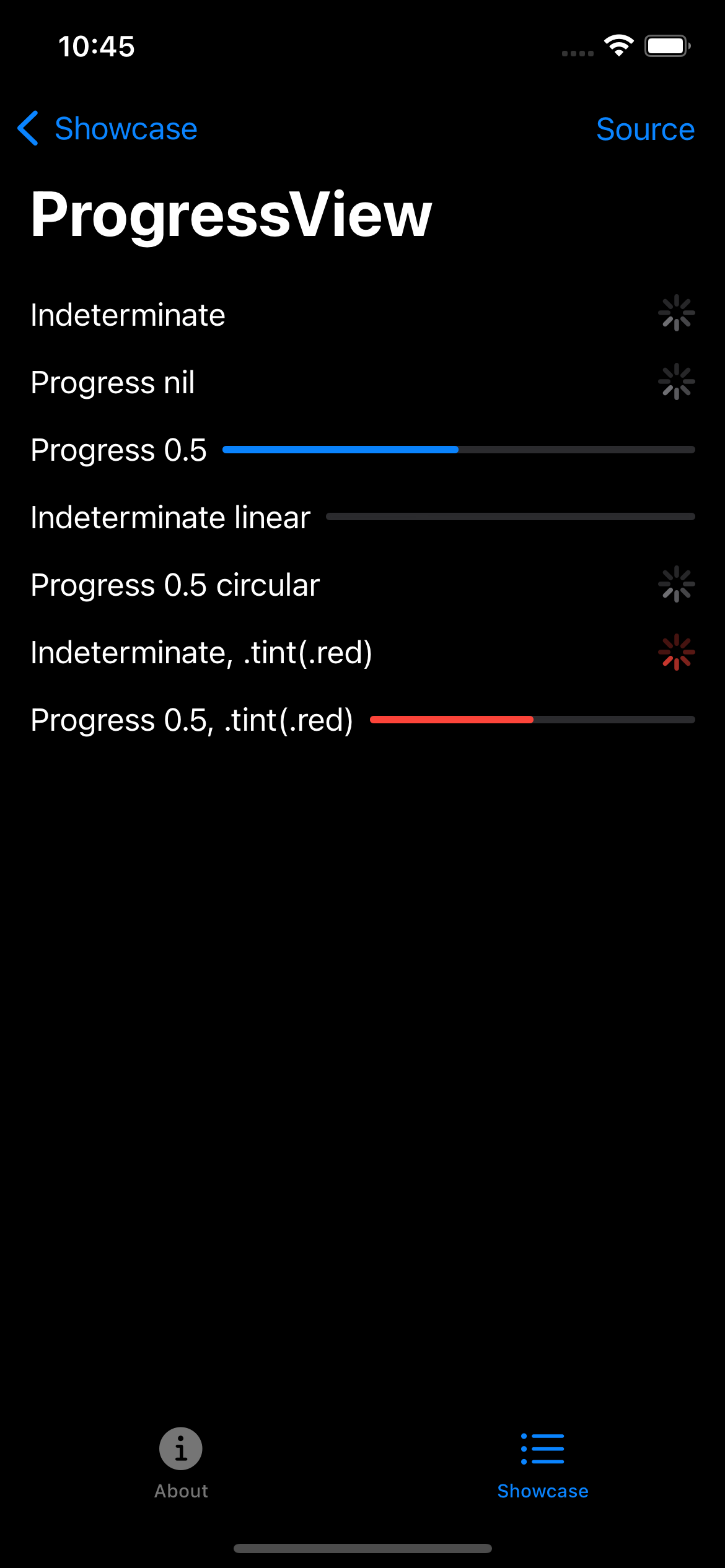 iPhone screenshot for ProgressView component (dark mode)