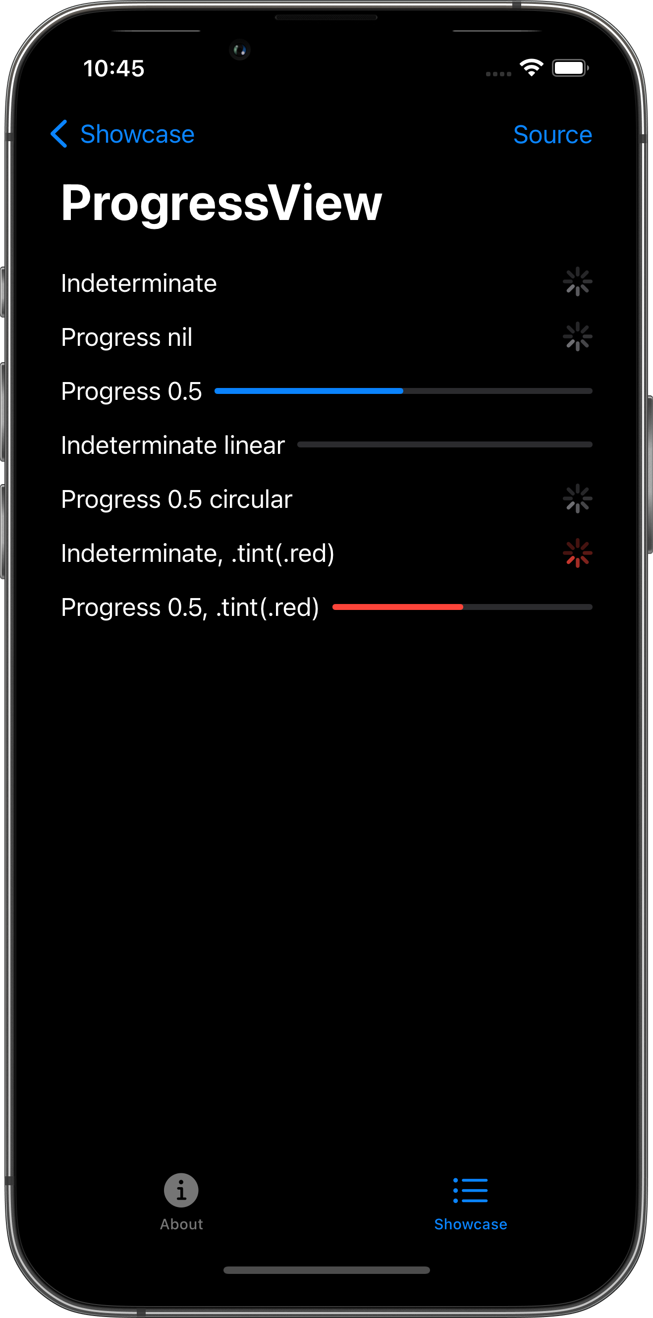 iPhone screenshot for ProgressView component (dark mode)
