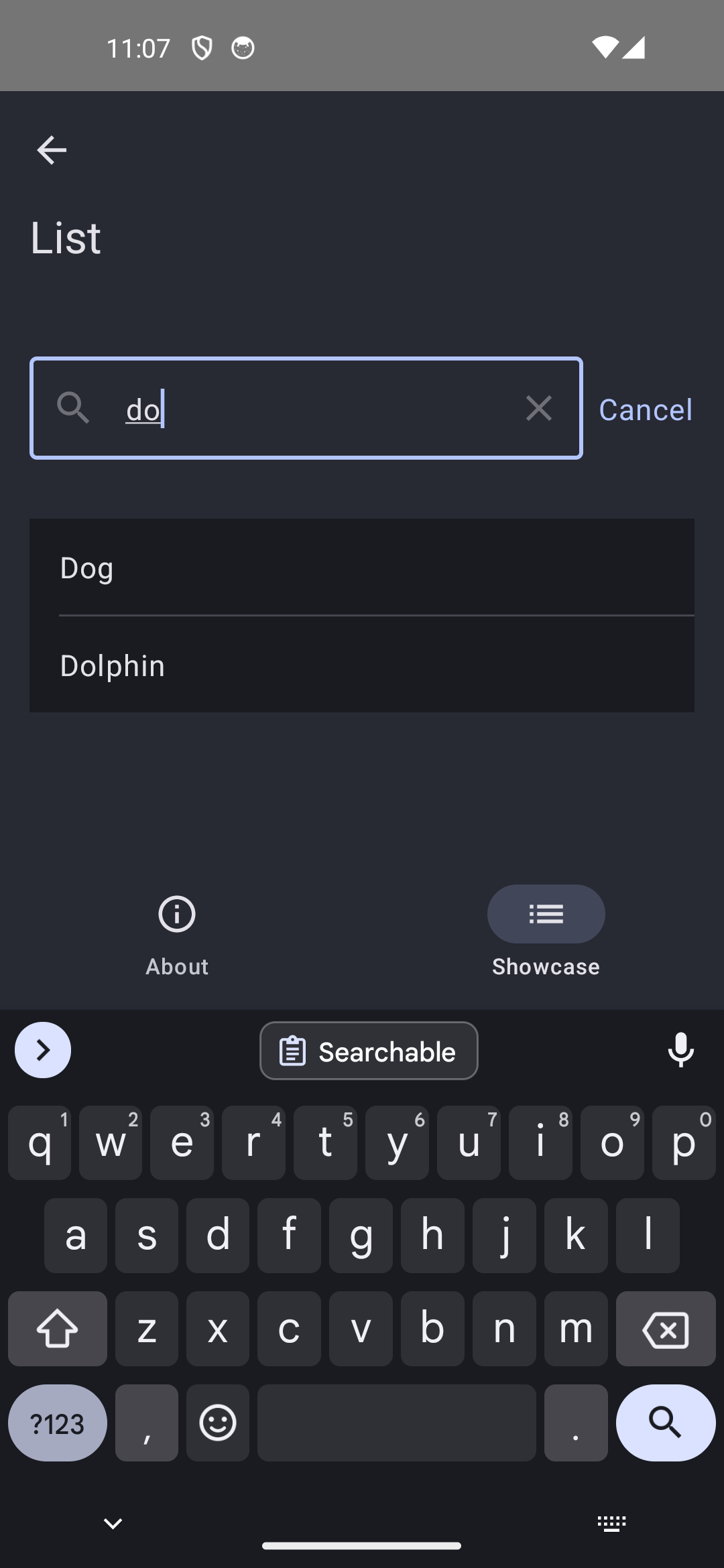 Android screenshot for Searchable component (dark mode)