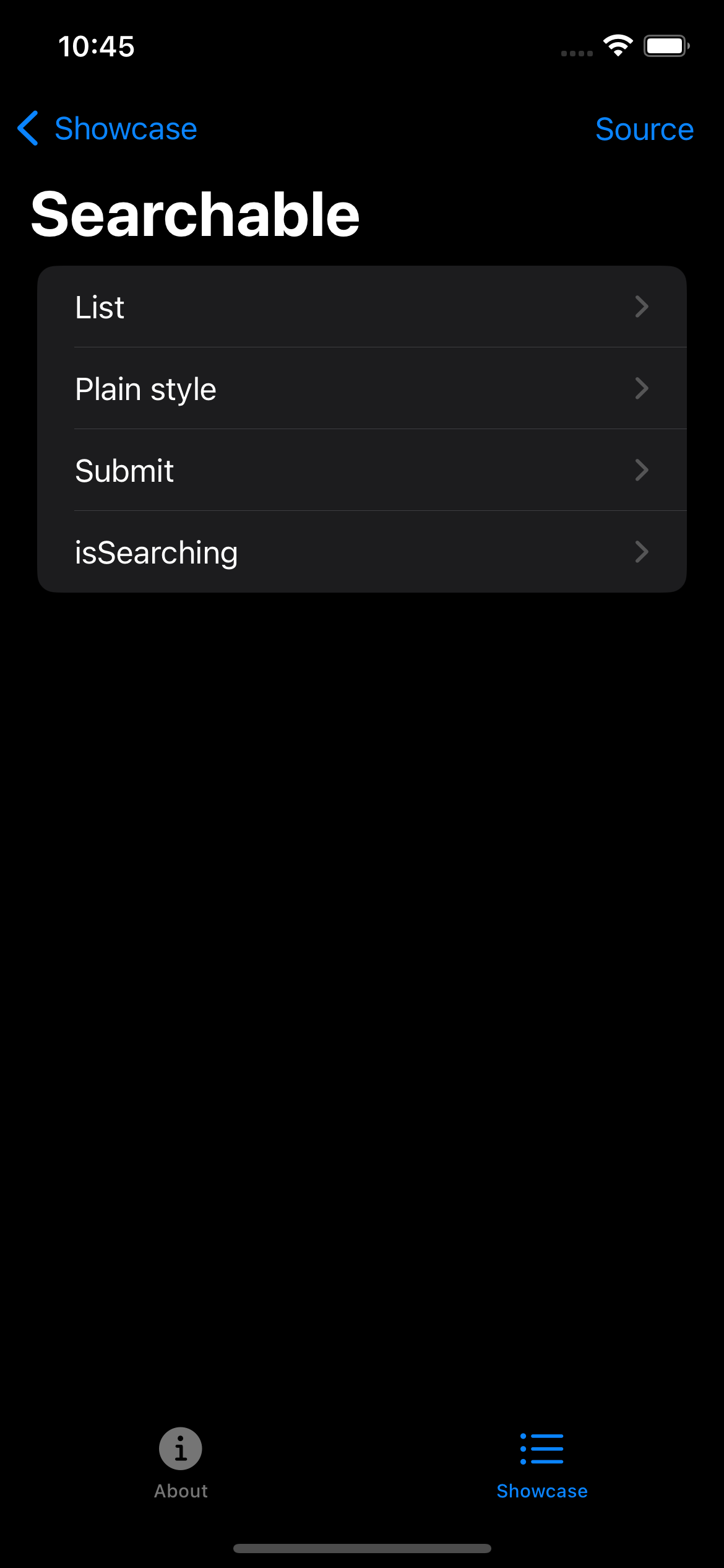 iPhone screenshot for Searchable component (dark mode)
