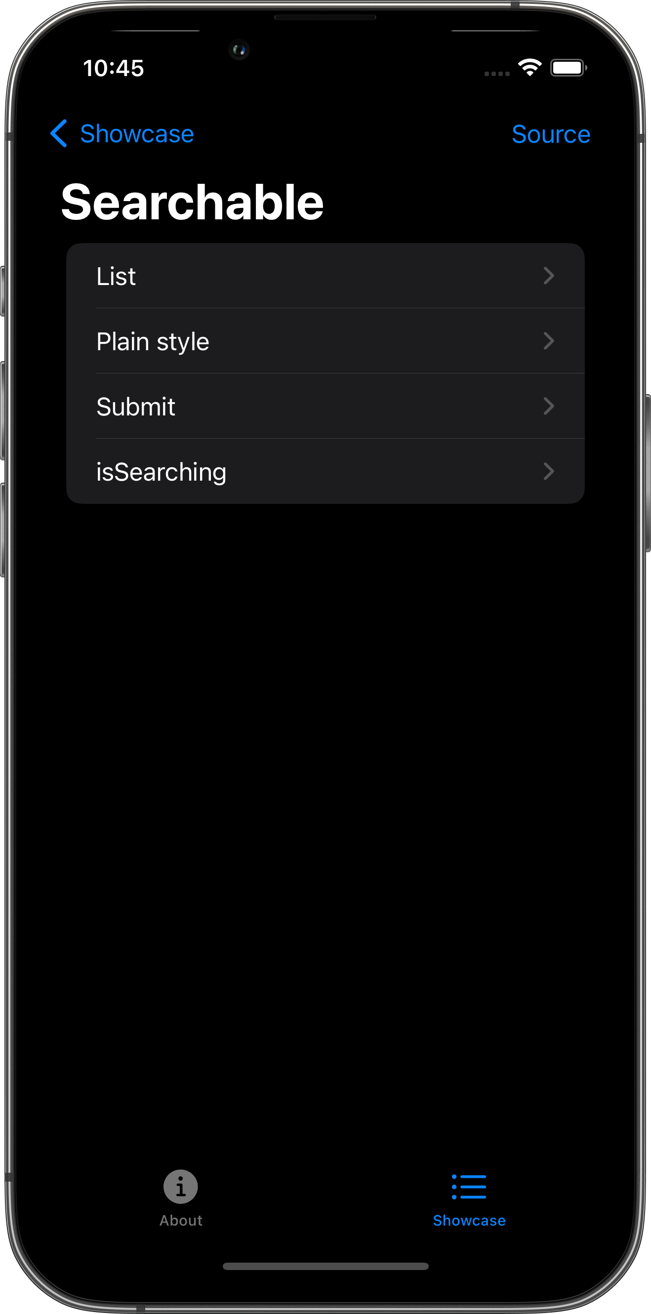 iPhone screenshot for Searchable component (dark mode)