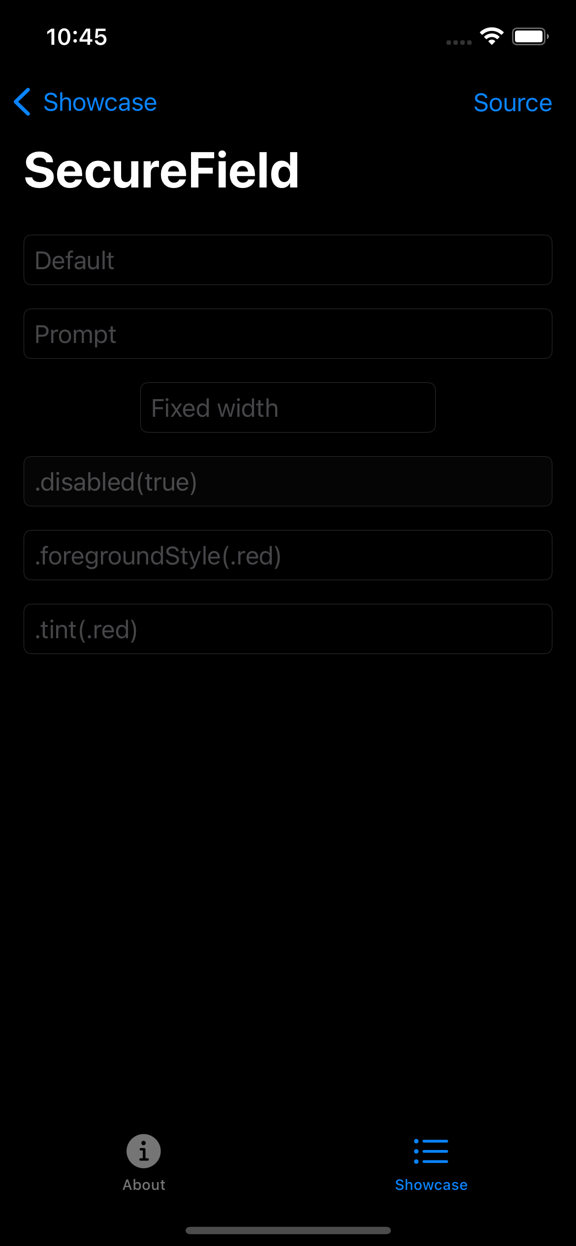 iPhone screenshot for SecureField component (dark mode)