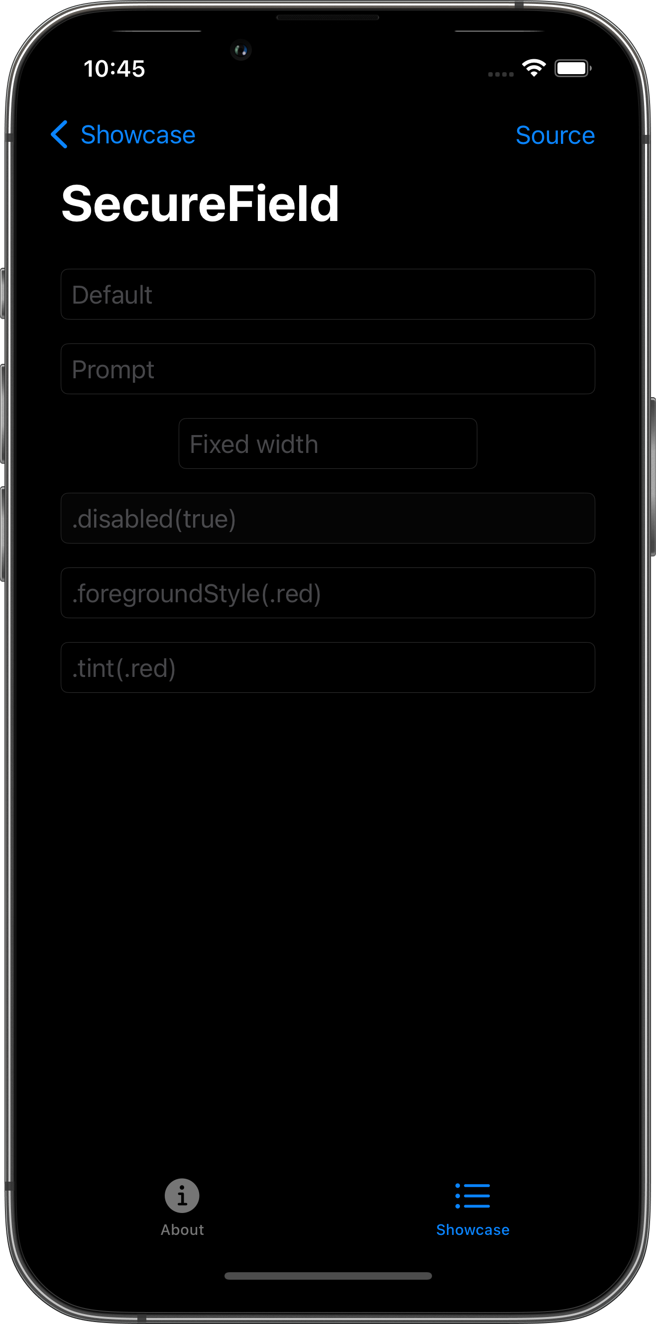 iPhone screenshot for SecureField component (dark mode)
