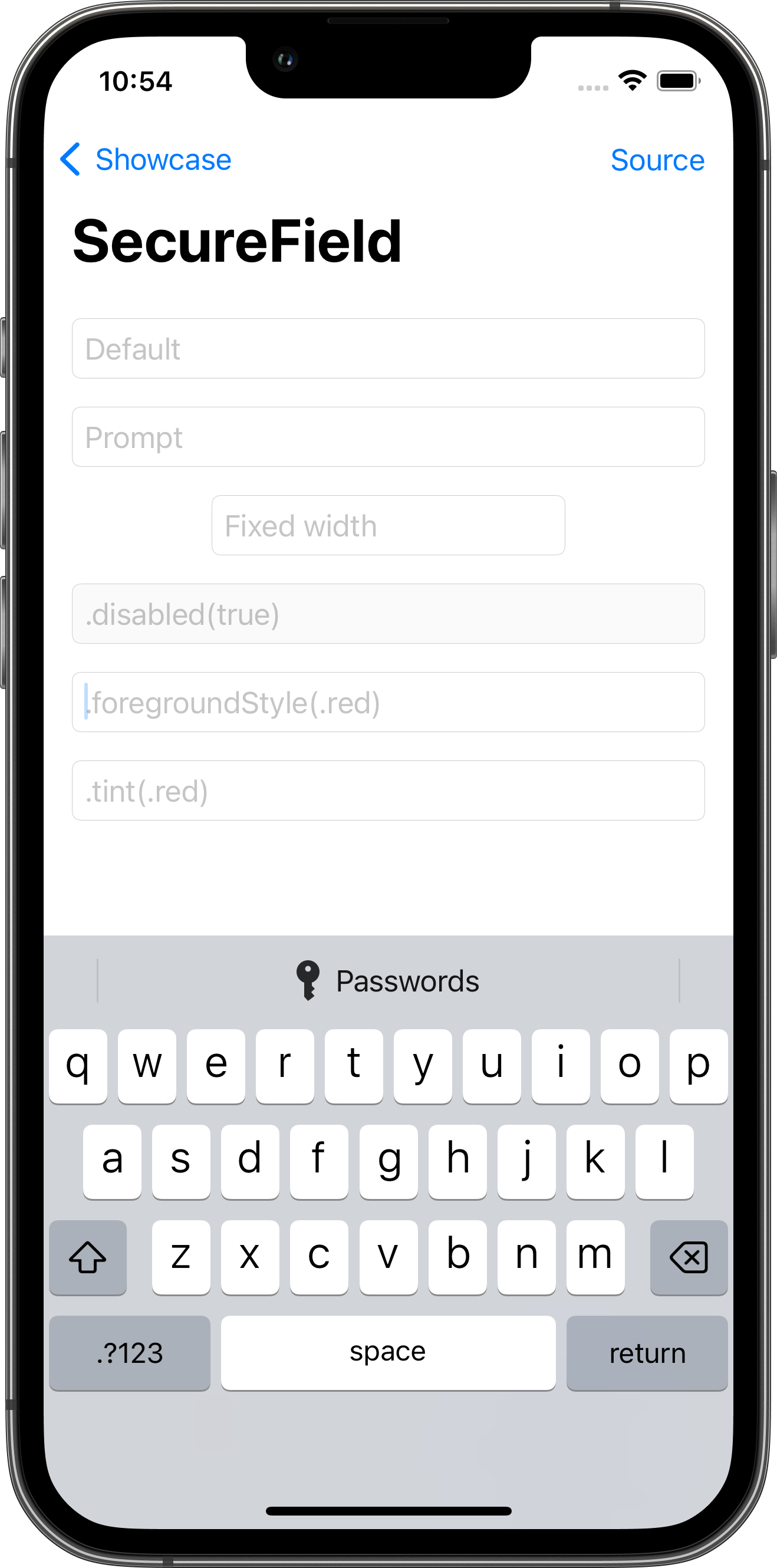 iPhone screenshot for SecureField component (light mode)