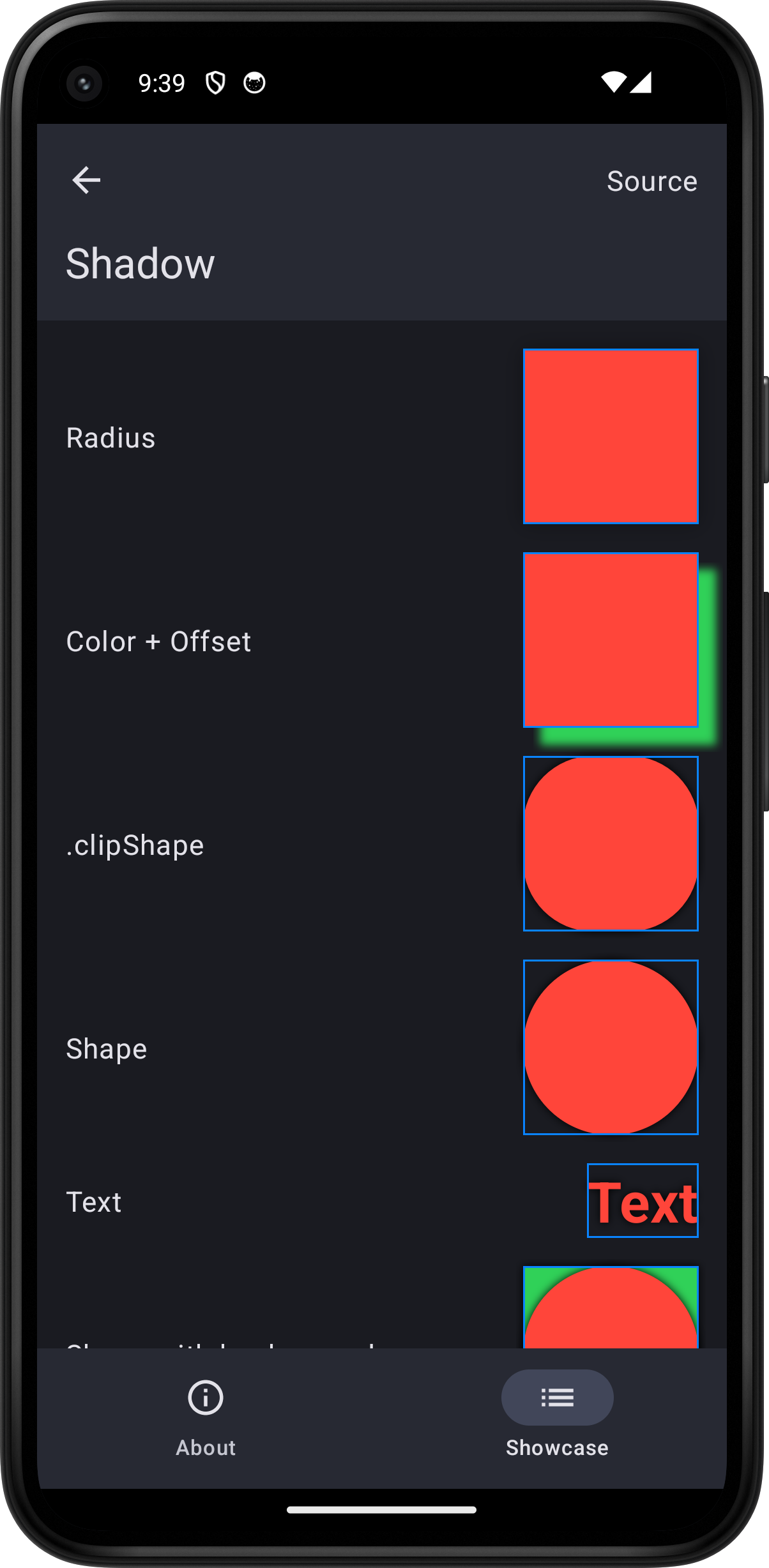 Android screenshot for Shadow component (dark mode)