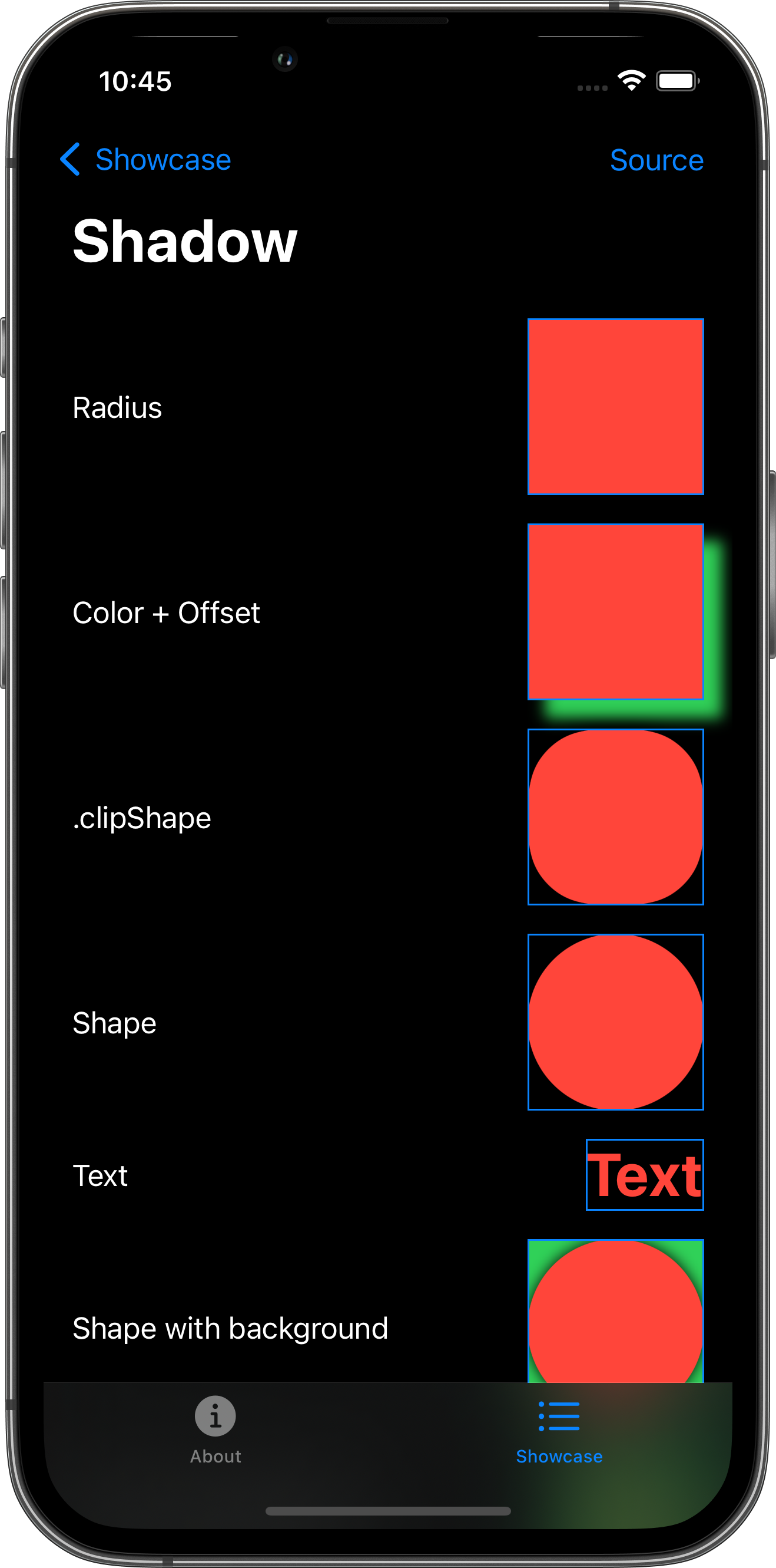 iPhone screenshot for Shadow component (dark mode)