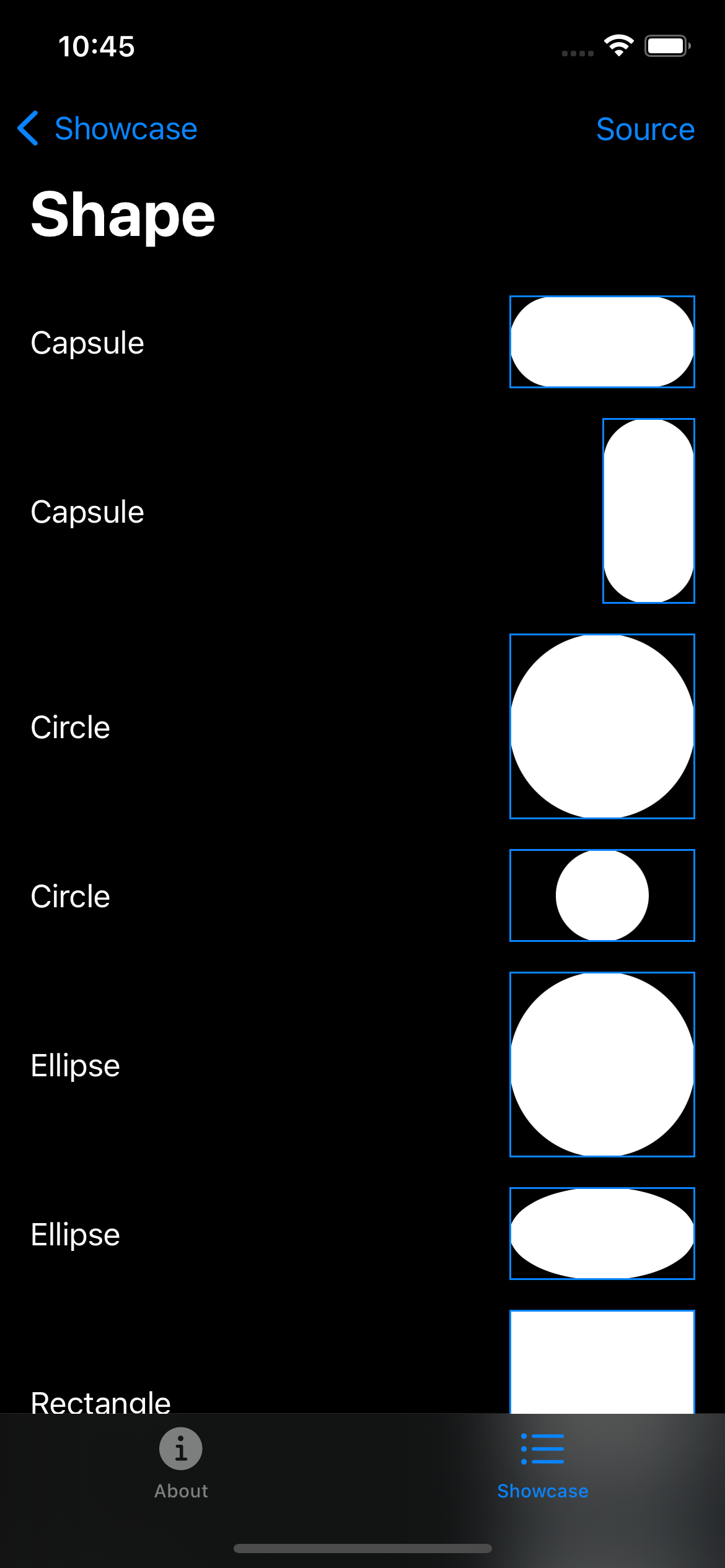 iPhone screenshot for Shape component (dark mode)
