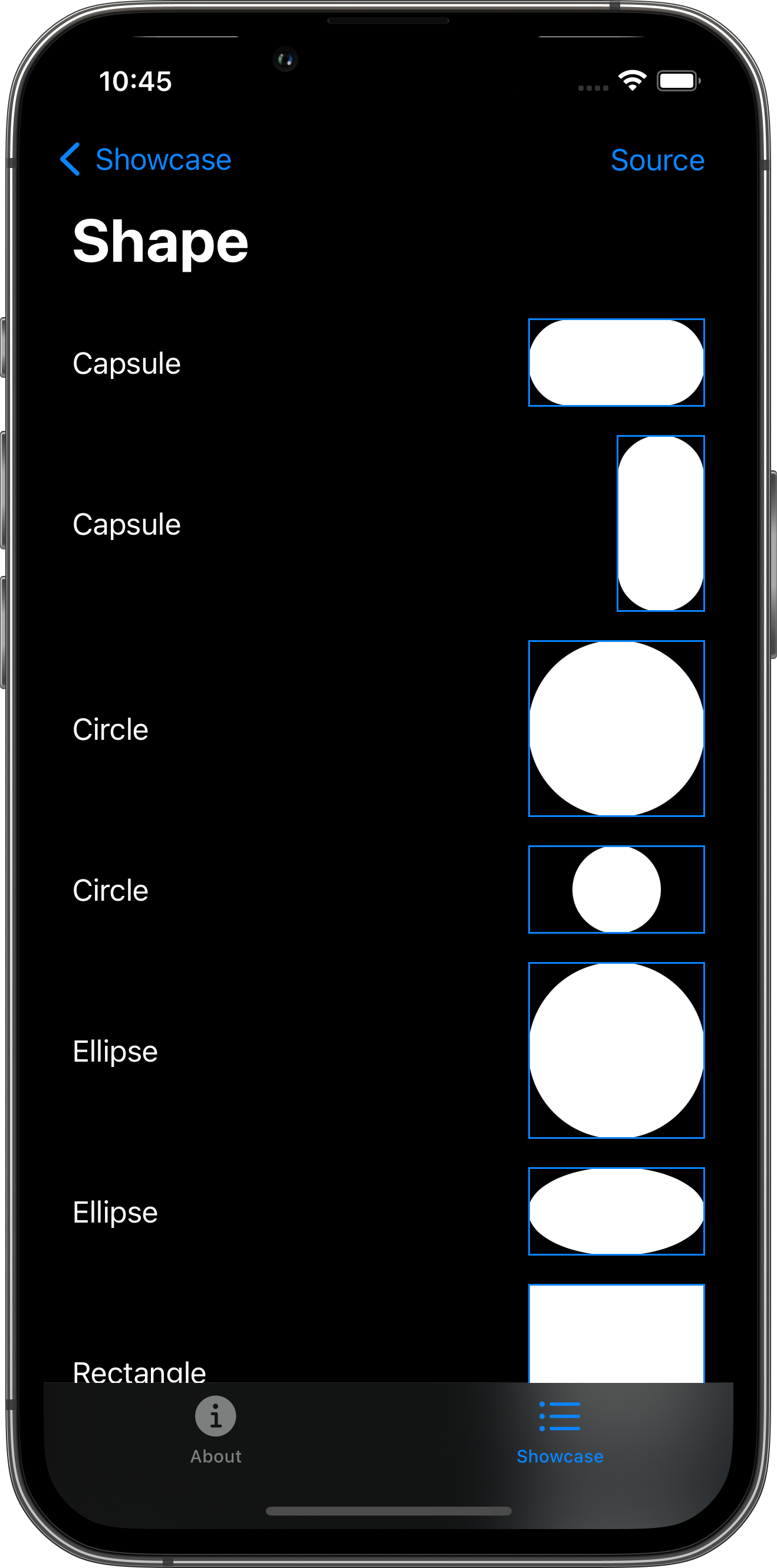 iPhone screenshot for Shape component (dark mode)