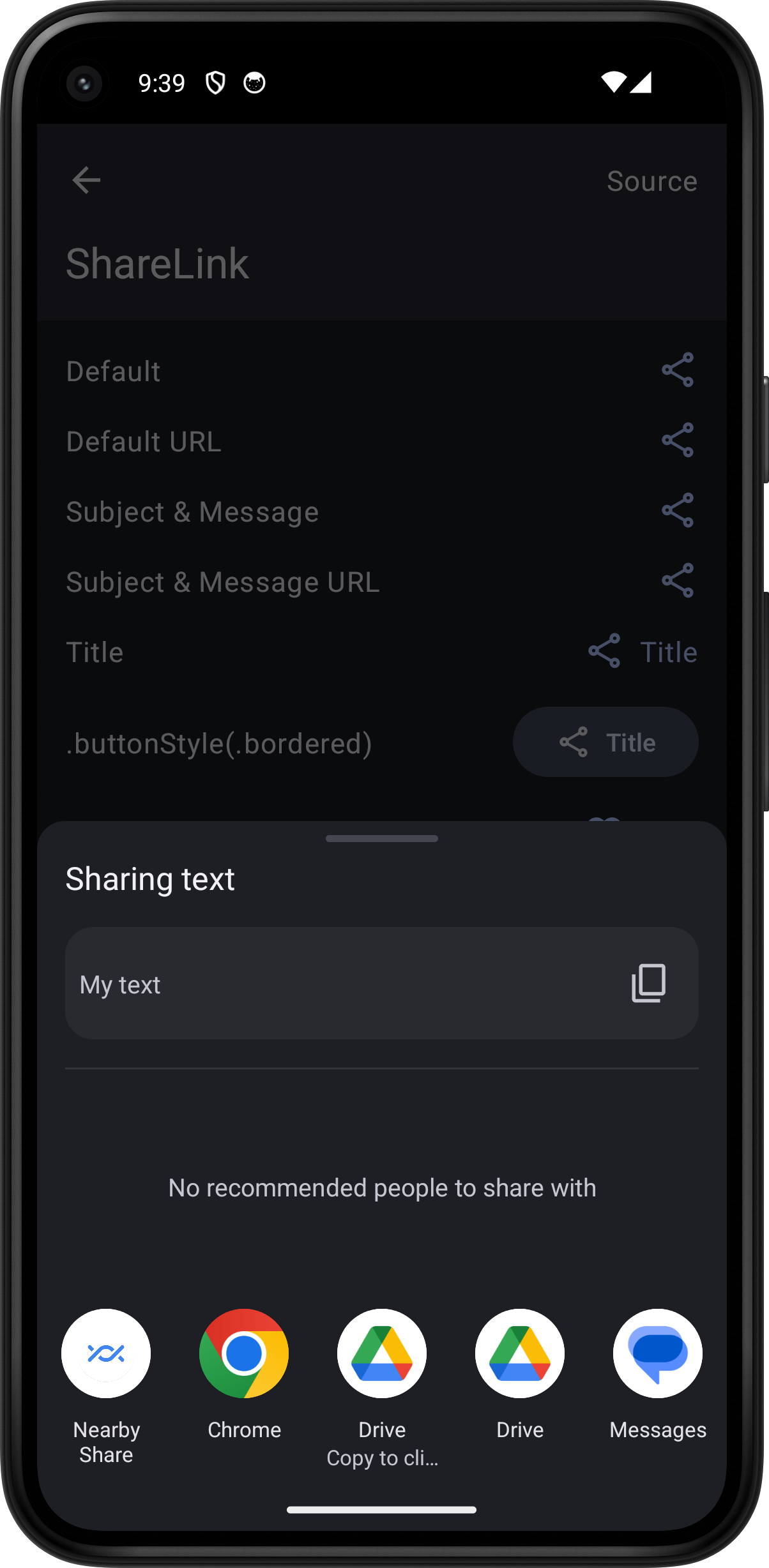 Android screenshot for ShareLink component (dark mode)